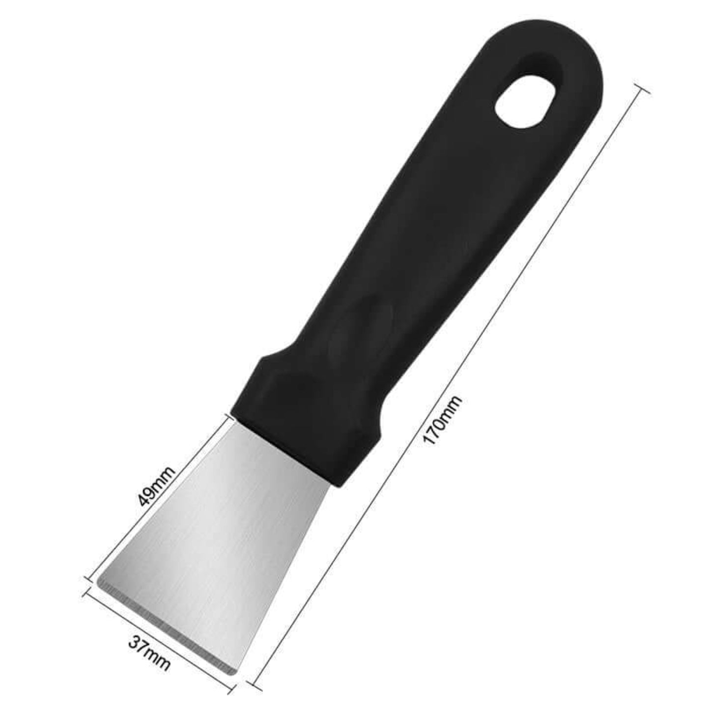 Stainless steel hand scraper with black handle, perfect for kitchen and freezer deicing, 4x17cm size.