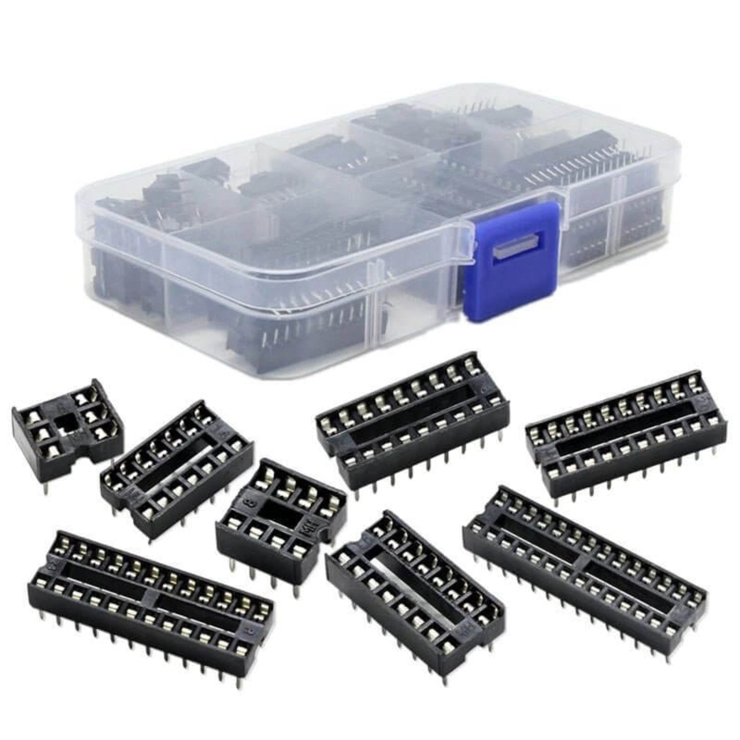 Assorted black DIP IC sockets ranging from 6 to 28 pins for PCB mounting.