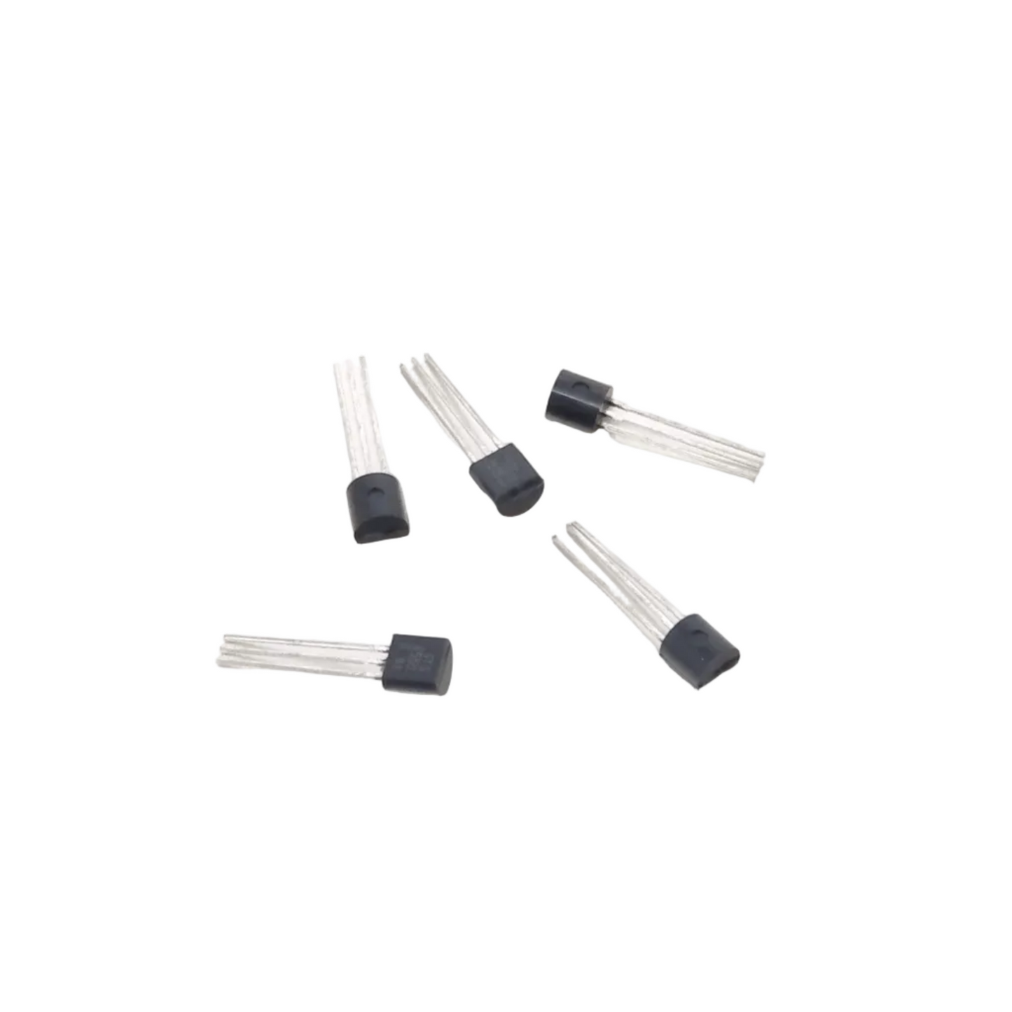 Five STS8550 PNP silicon transistors arranged on a white background