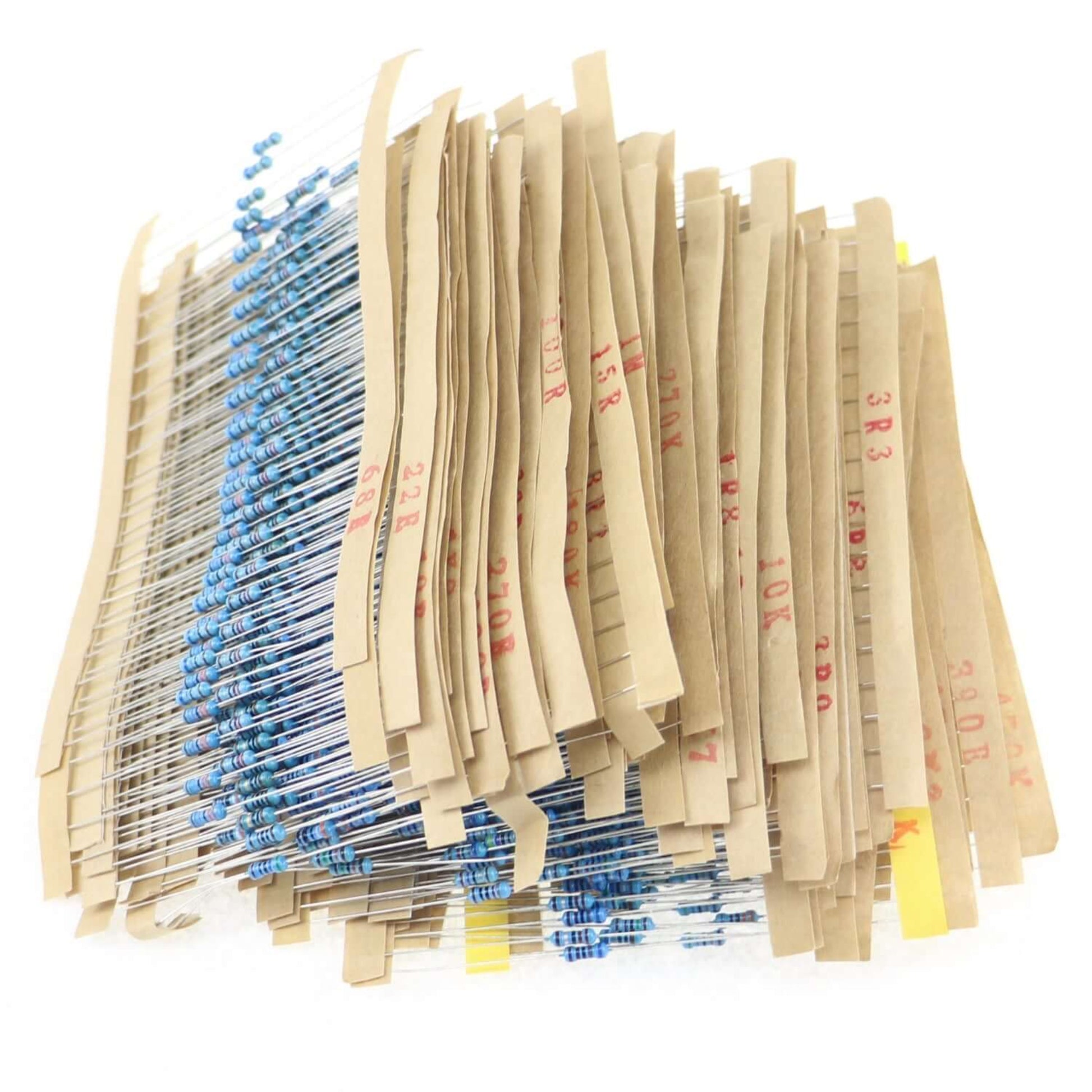 Metal film resistors assortment kit with multiple values and packaging, suitable for electronics projects.