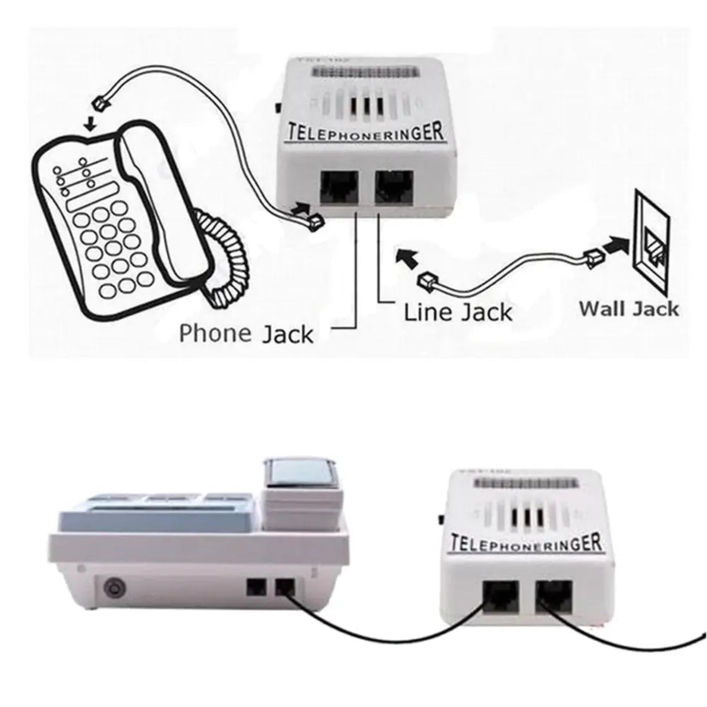 Diagram showing easy connection of telephone ringer between phone and wall jack, with setup example.