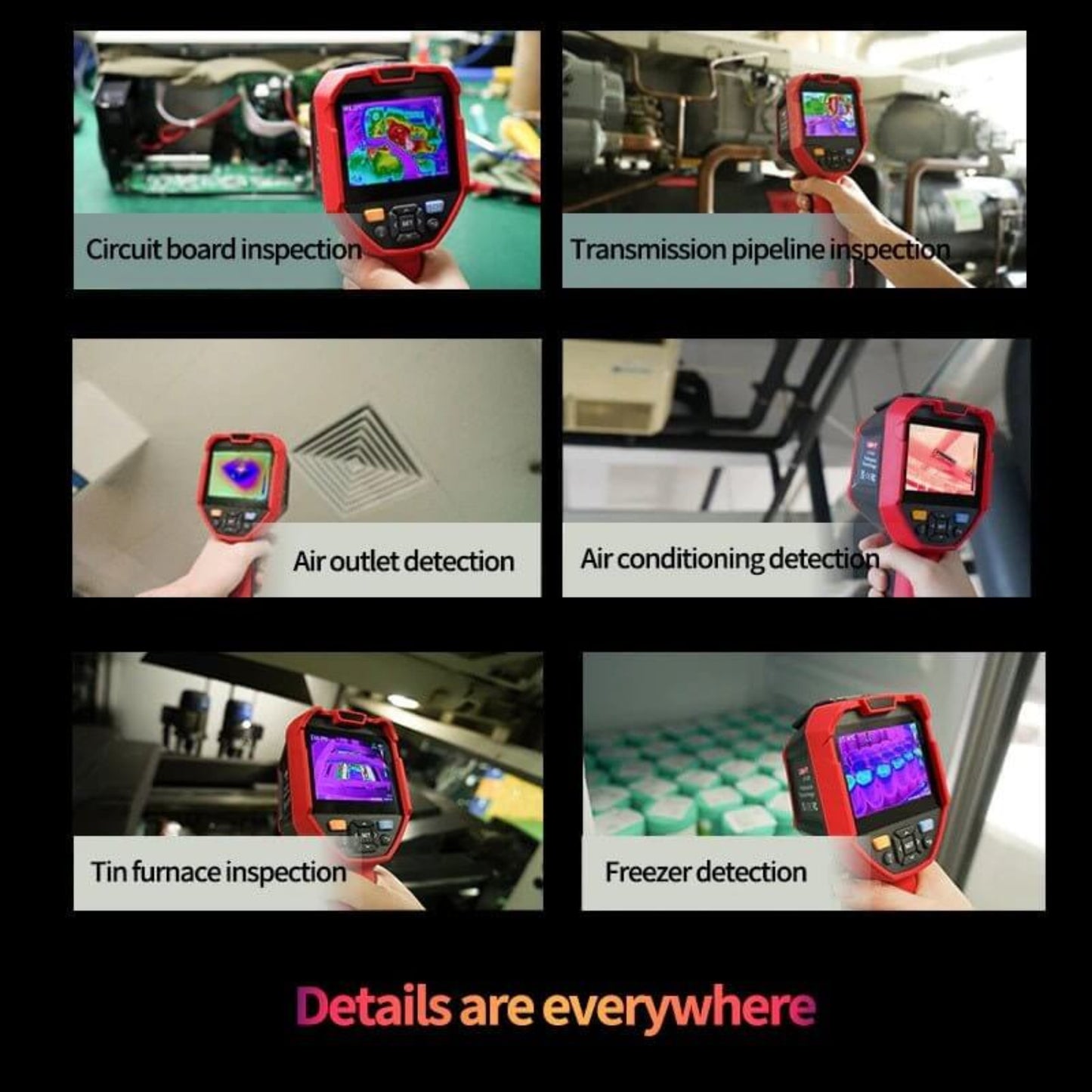 Various applications of UNI-T UTi260E thermal imager: circuit board, pipeline, air conditioning, and freezer inspections.