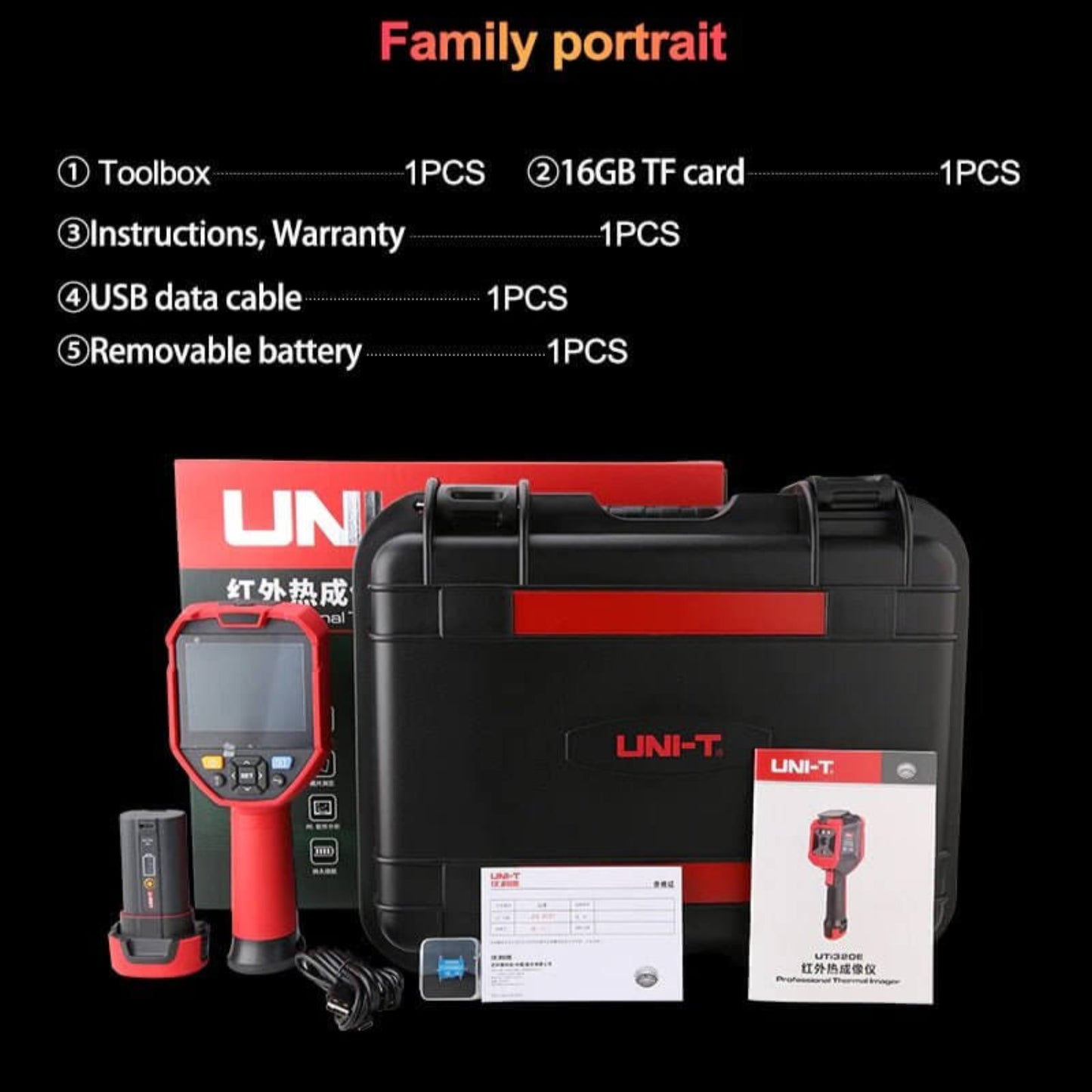 UNI-T UTi260E thermal imager kit including toolbox, accessories, and user manual.