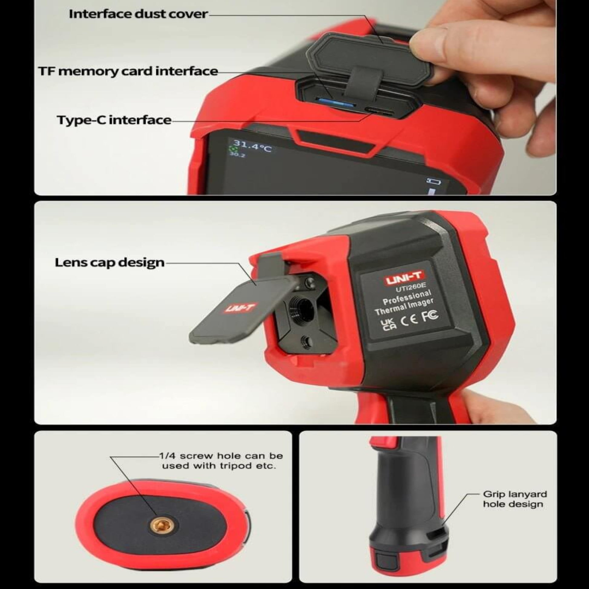 Close-up view of UNI-T UTi260E thermal imager interfaces and features, including lens cap and screw hole design.