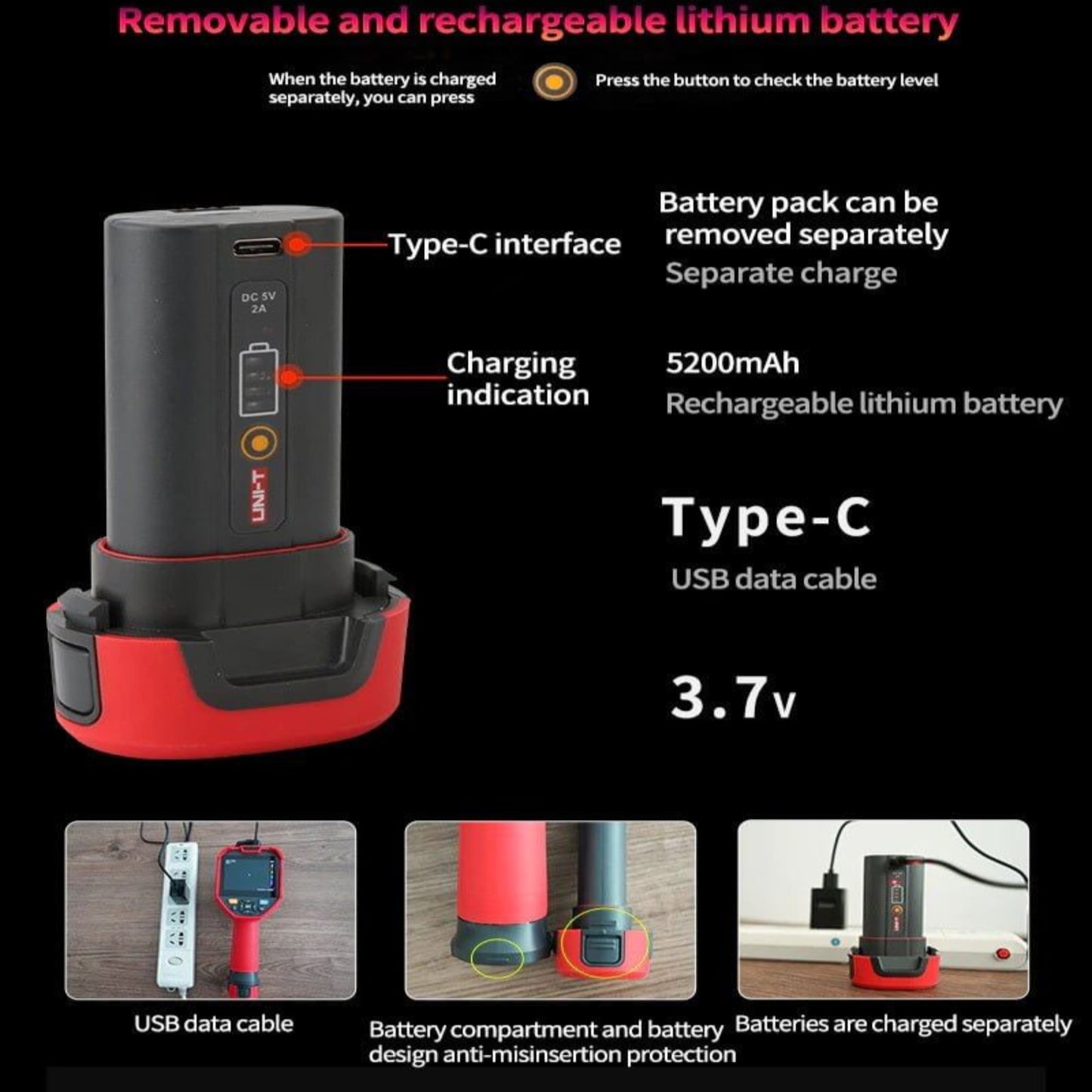 Removable 5200mAh lithium battery with Type-C interface for easy charging and data transfer in UNI-T UTi260E camera.