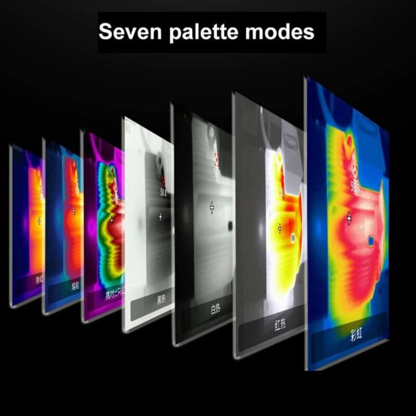Image showing seven palette modes of the UNI-T UTi260E industrial thermal imager for enhanced thermal imaging analysis.