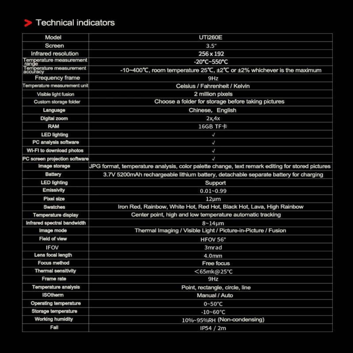 Technical specifications for the UNI-T UTi260E thermal imager, including resolution, features, and measurement capabilities.