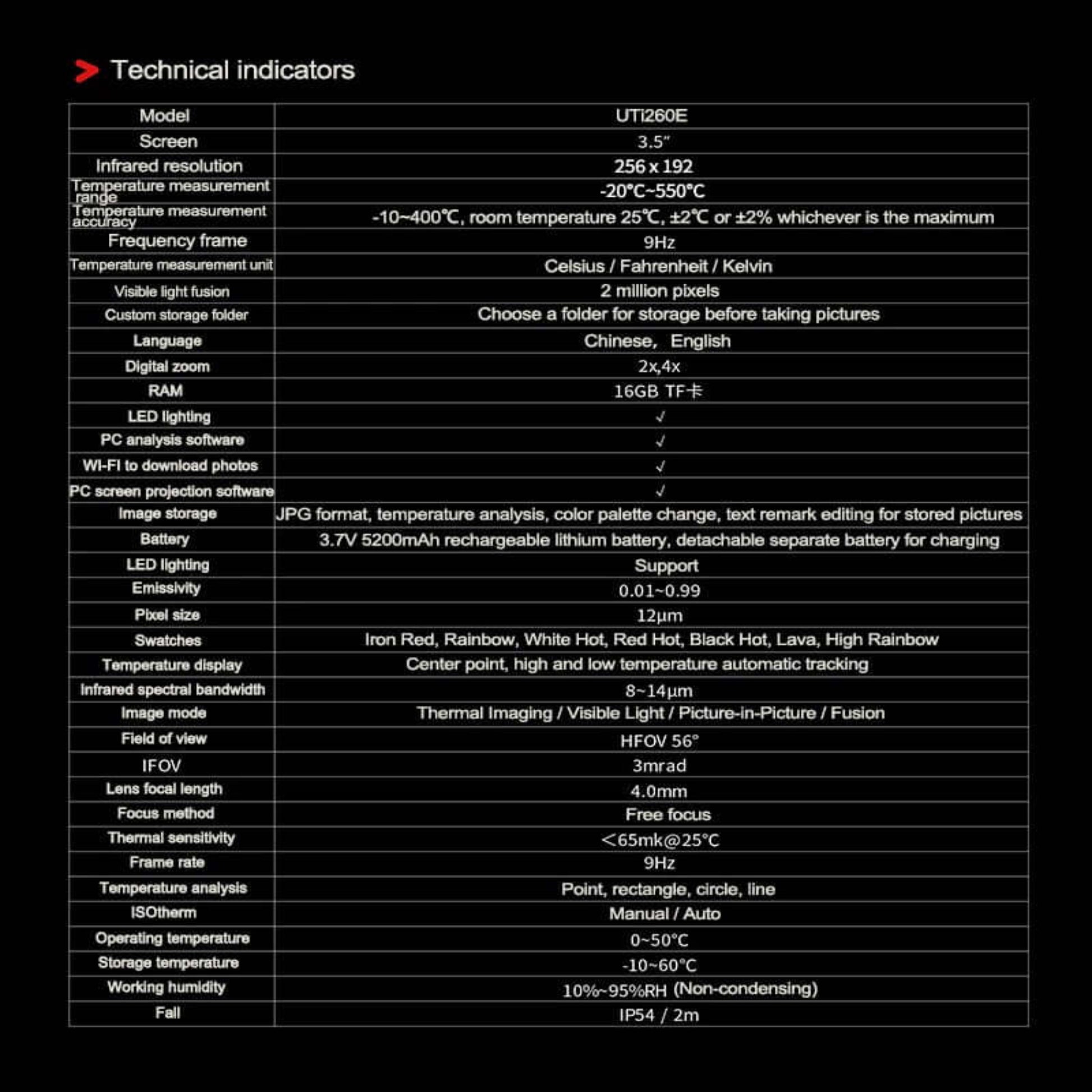 Technical specifications for the UNI-T UTi260E thermal imager, including resolution, features, and measurement capabilities.