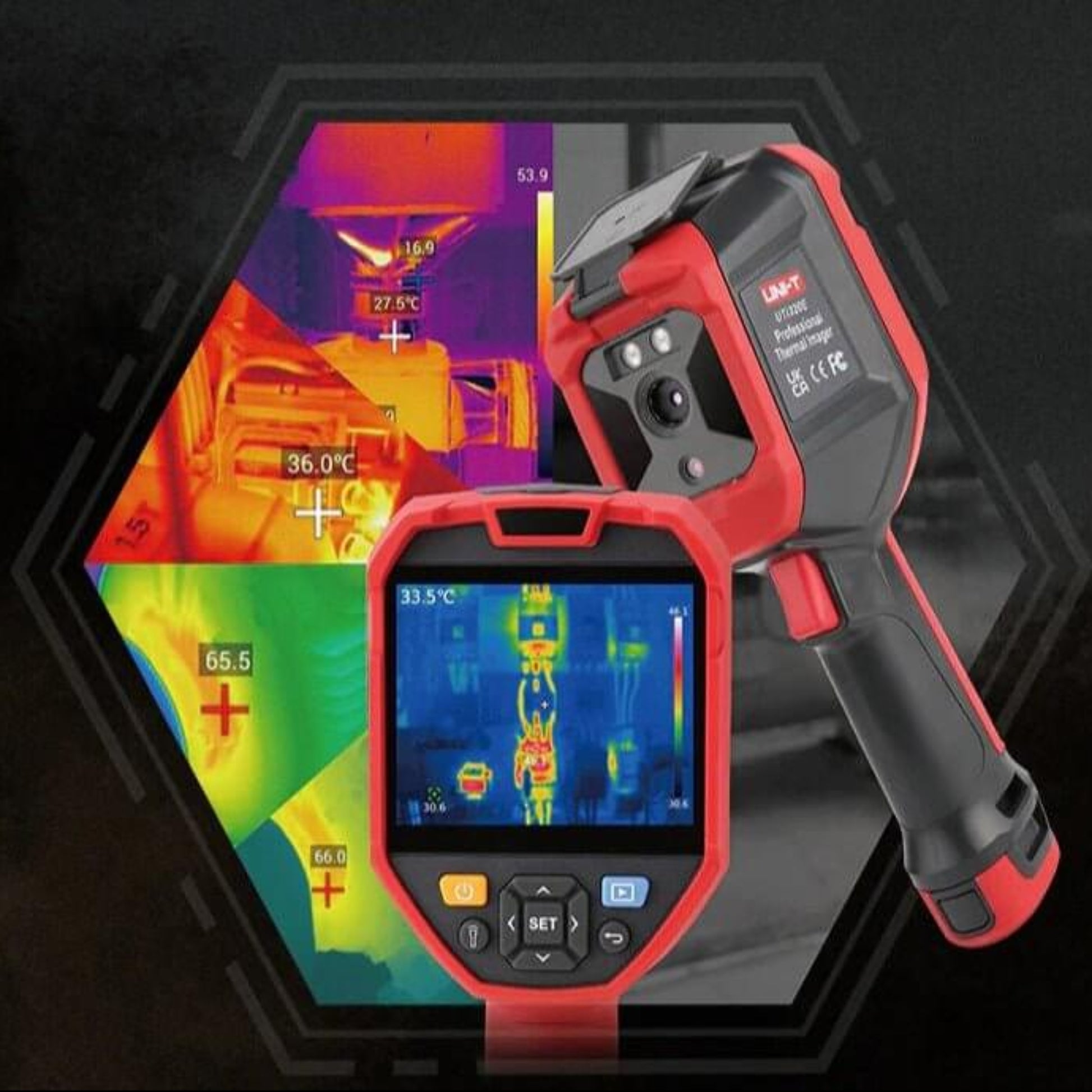 UNI-T UTi260E infrared thermal imager with clear thermal images and temperature readings on display.