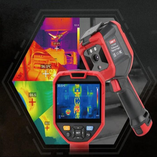 UNI-T UTi260E infrared thermal imager with clear thermal images and temperature readings on display.