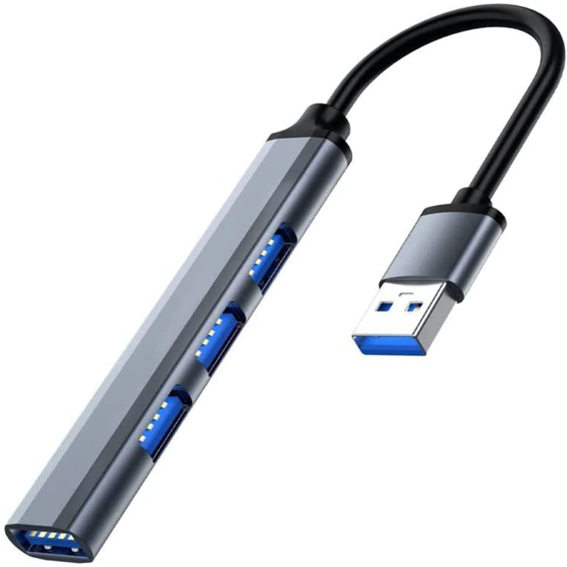 USB 3.0 4-port aluminum alloy hub with an extended cable for fast data transfer.