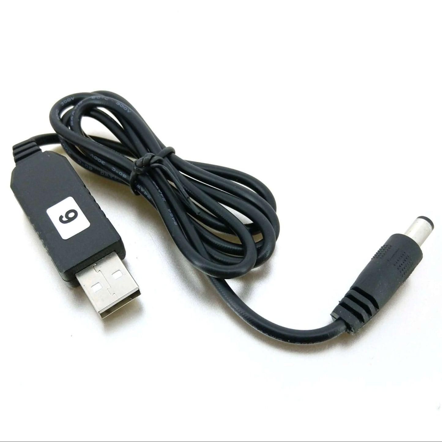USB 5V to 9V Step-Up Converter Cable with 5.5x2.1mm plug for powering 9V devices from USB ports.