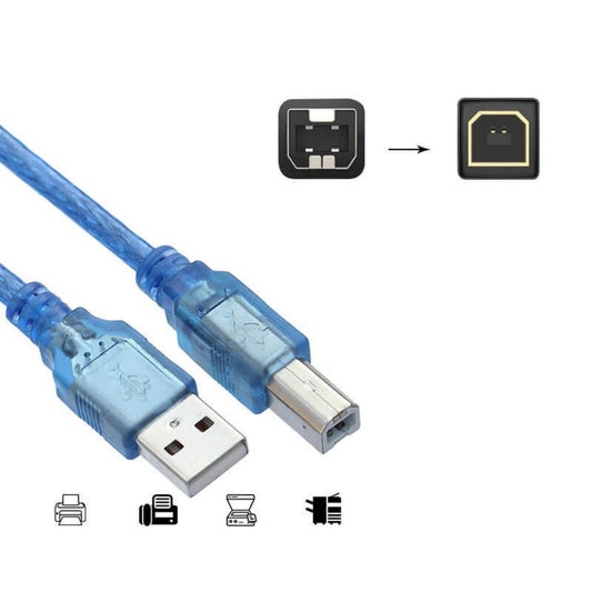 USB 2.0 A-Male to B-Male printer cable in blue, ideal for connecting printers and scanners with high-speed data transfer.
