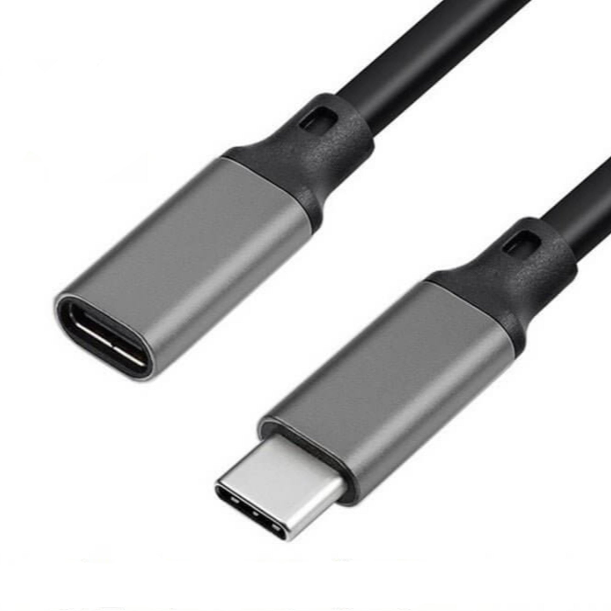 Close-up of USB-C extension cable ends, showing 100W 5A power delivery and Qualcomm Quick Charge 3.0.
