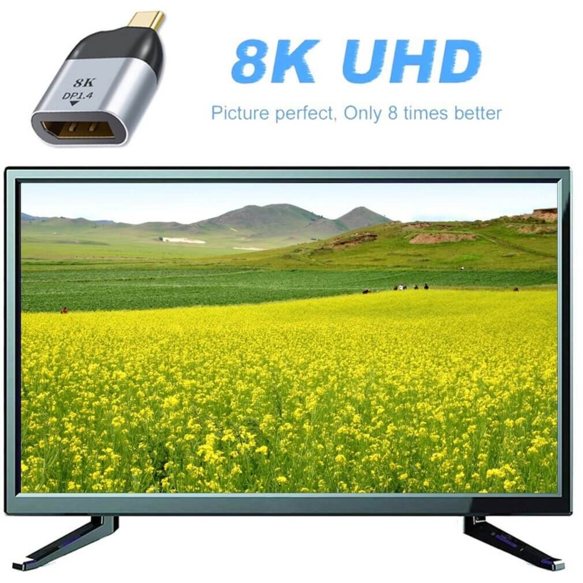 USB-C to DisplayPort (DP) 8K UHD adapter, showing an 8K resolution image on a monitor.