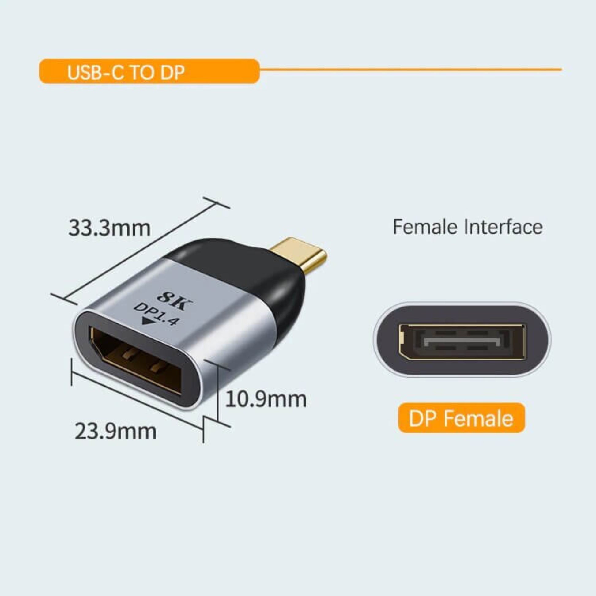 USB-C to DisplayPort (DP) adapter showing dimensions (33.3mm, 23.9mm, 10.9mm) and DP female interface.