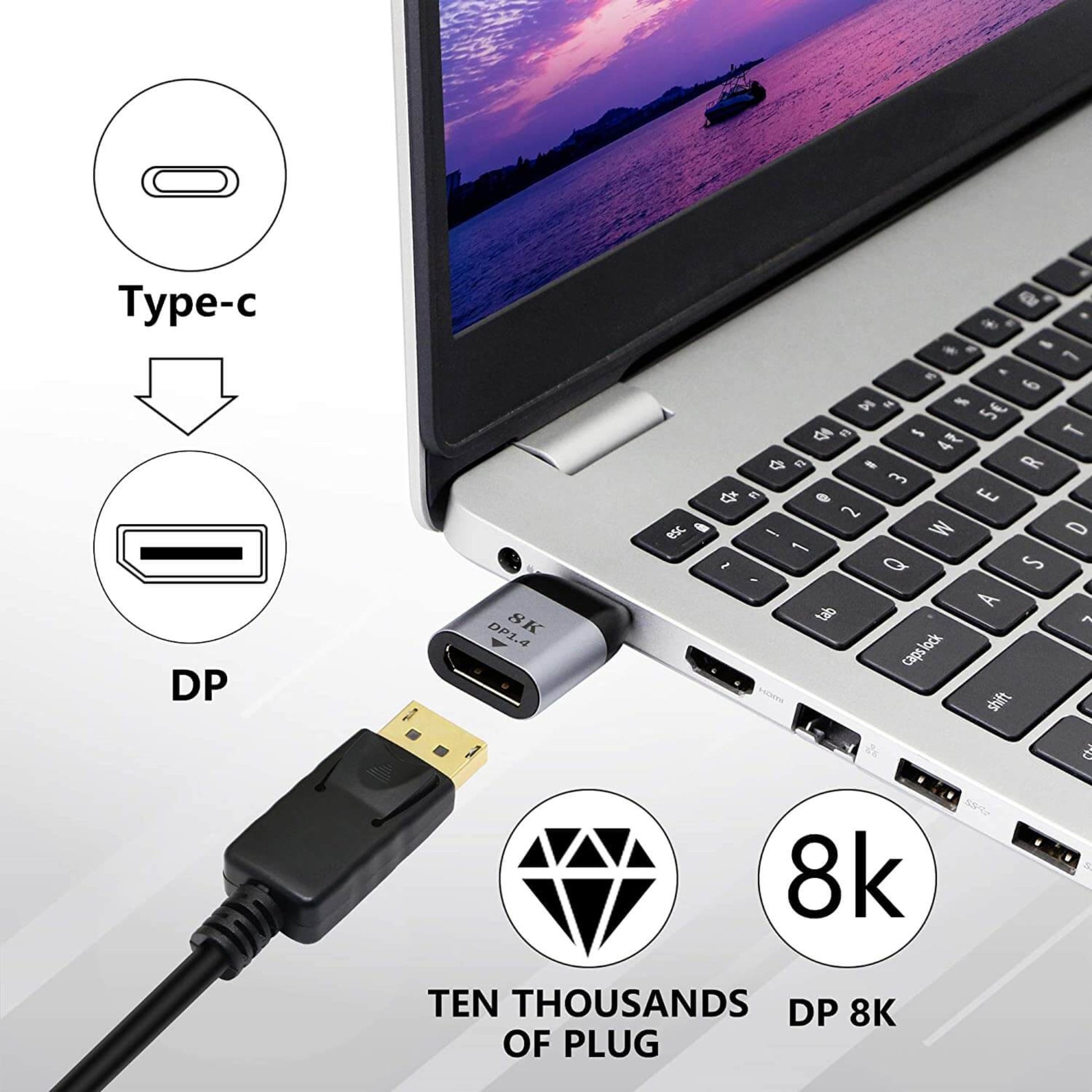 USB-C to DisplayPort (DP) 8K adapter connected to a laptop, ready for a DisplayPort cable.