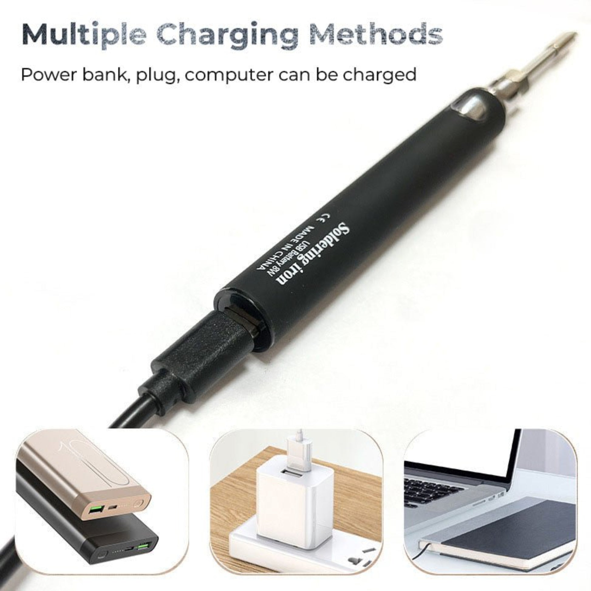 USB charging soldering iron showcasing power bank, plug, and computer charging options for convenience.