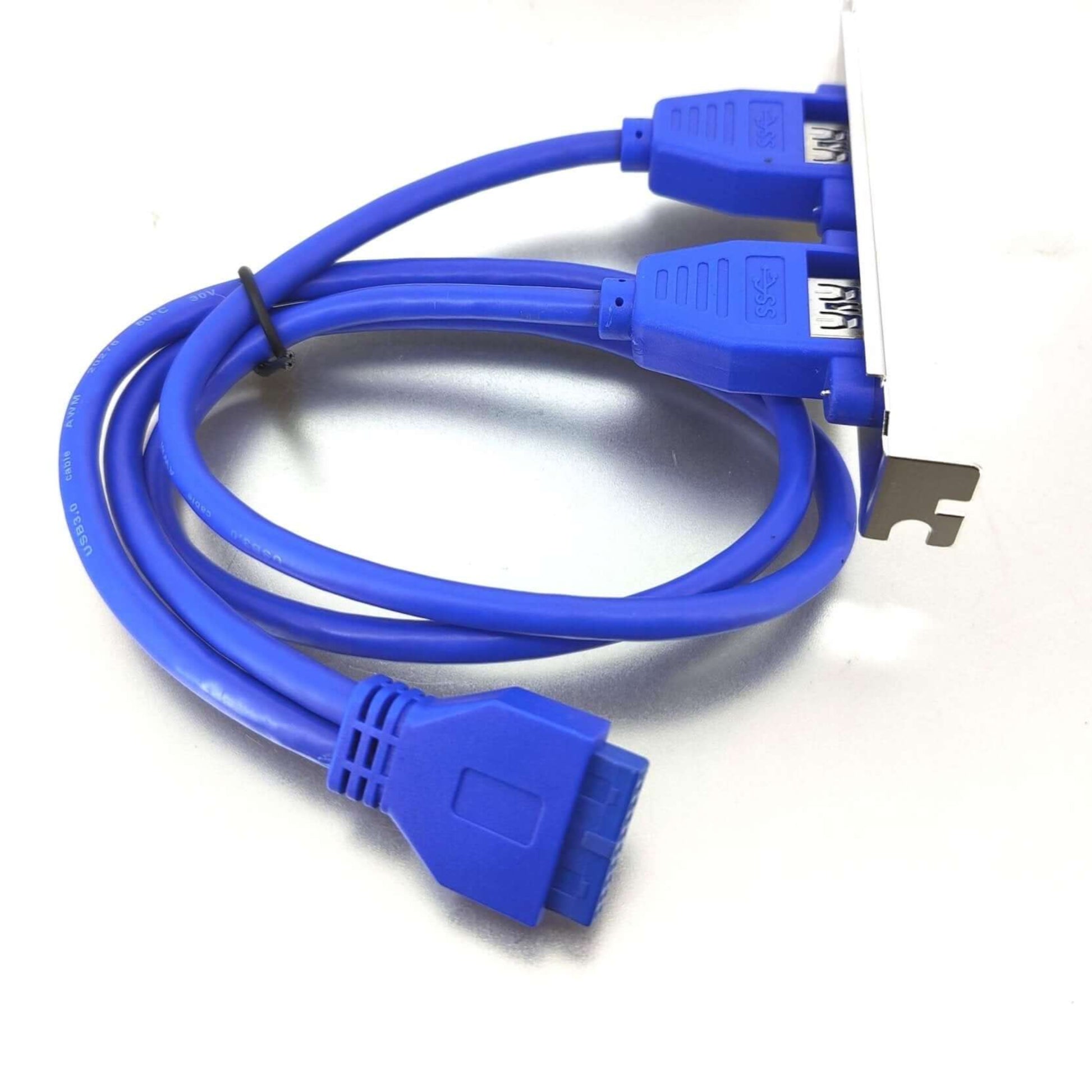 Close-up of a 20-pin to 2x USB 3.0 internal adapter cable and rear panel bracket.