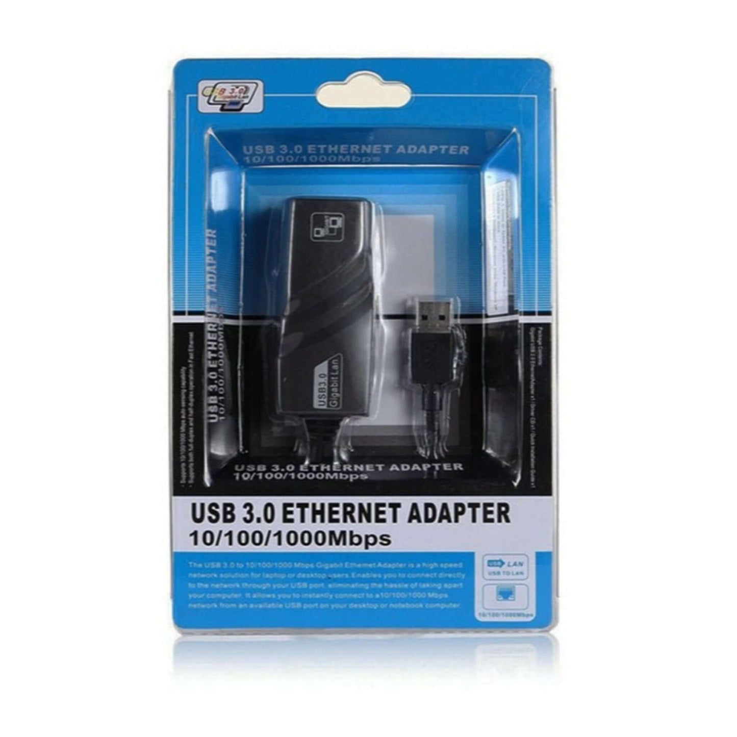 USB 3.0 to Gigabit Ethernet Adapter packaging showcasing high-speed network connectivity up to 1000Mbps.