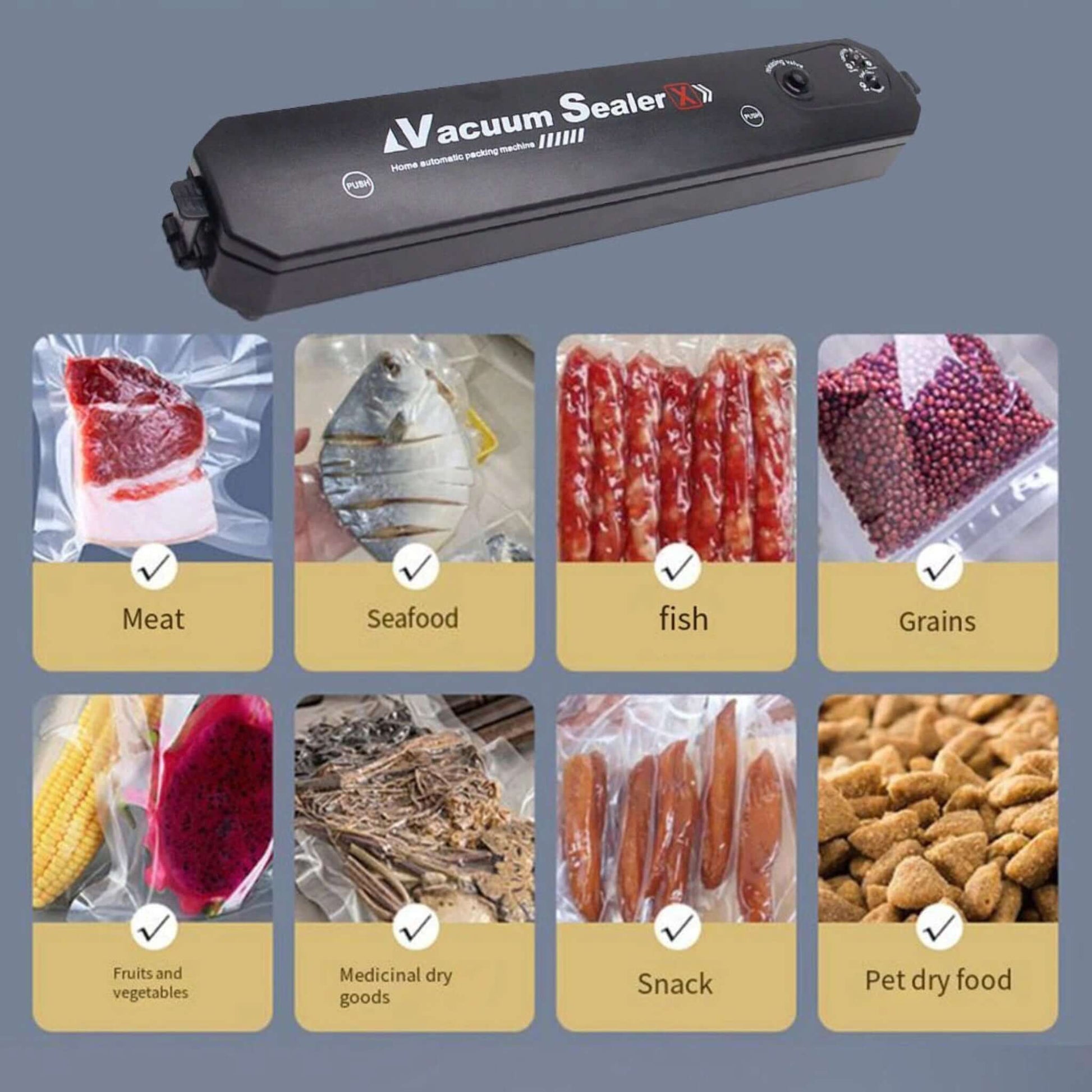 Vacuum sealer machine with various food items like meat, seafood, and snacks preserved in vacuum bags.