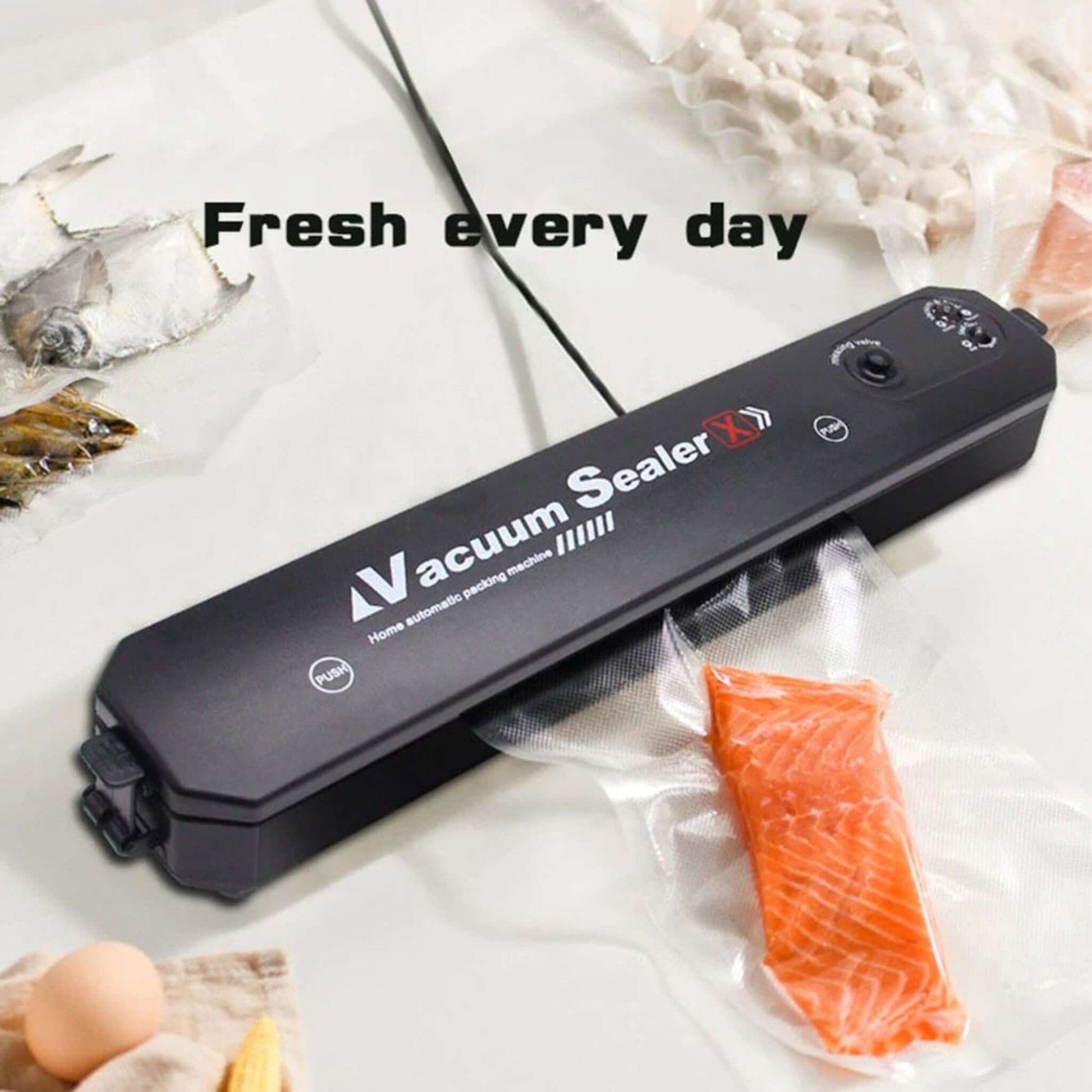Vacuum sealer machine with salmon, designed to keep food fresh and prevent waste.