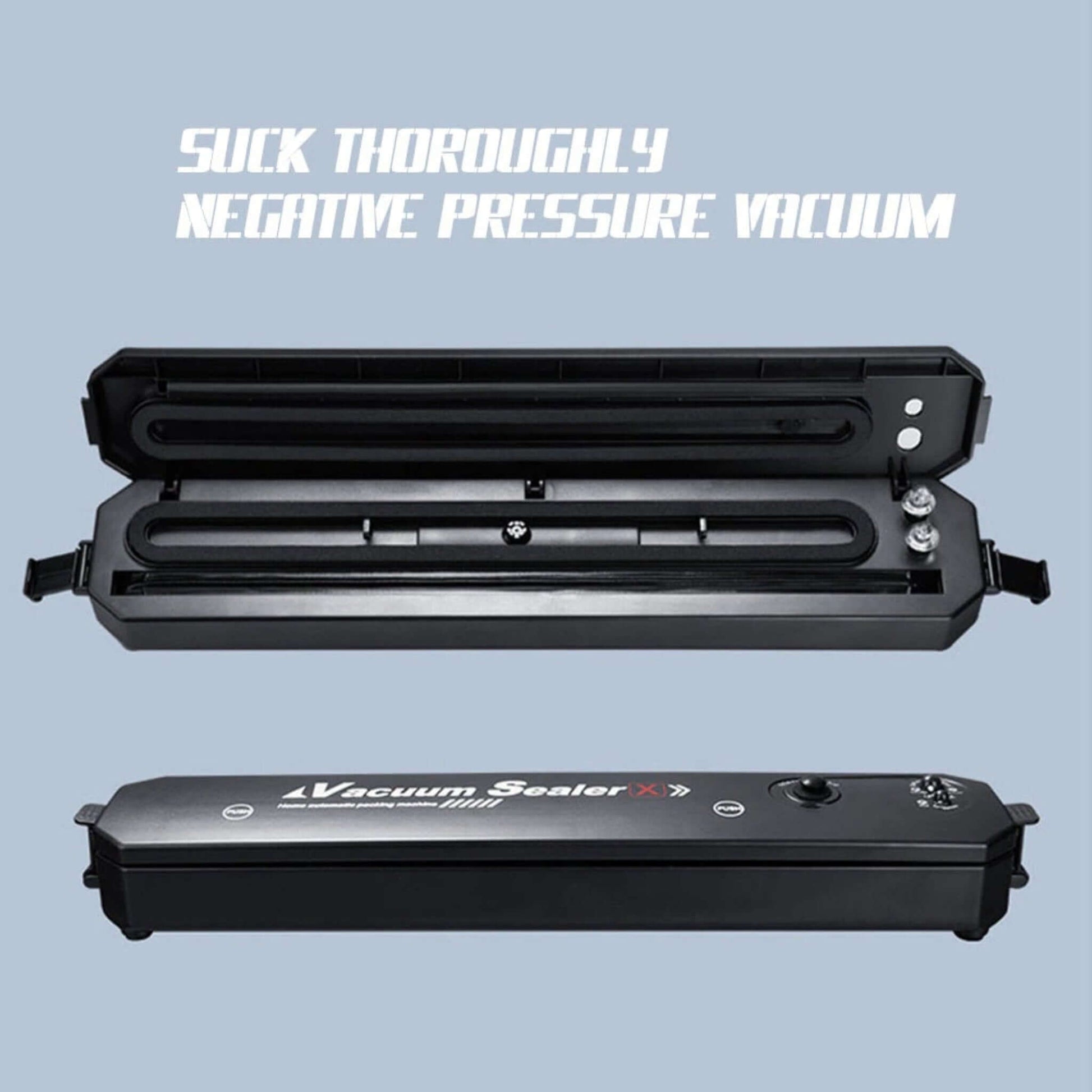 Vacuum sealer machine with negative pressure design for preserving food freshness.