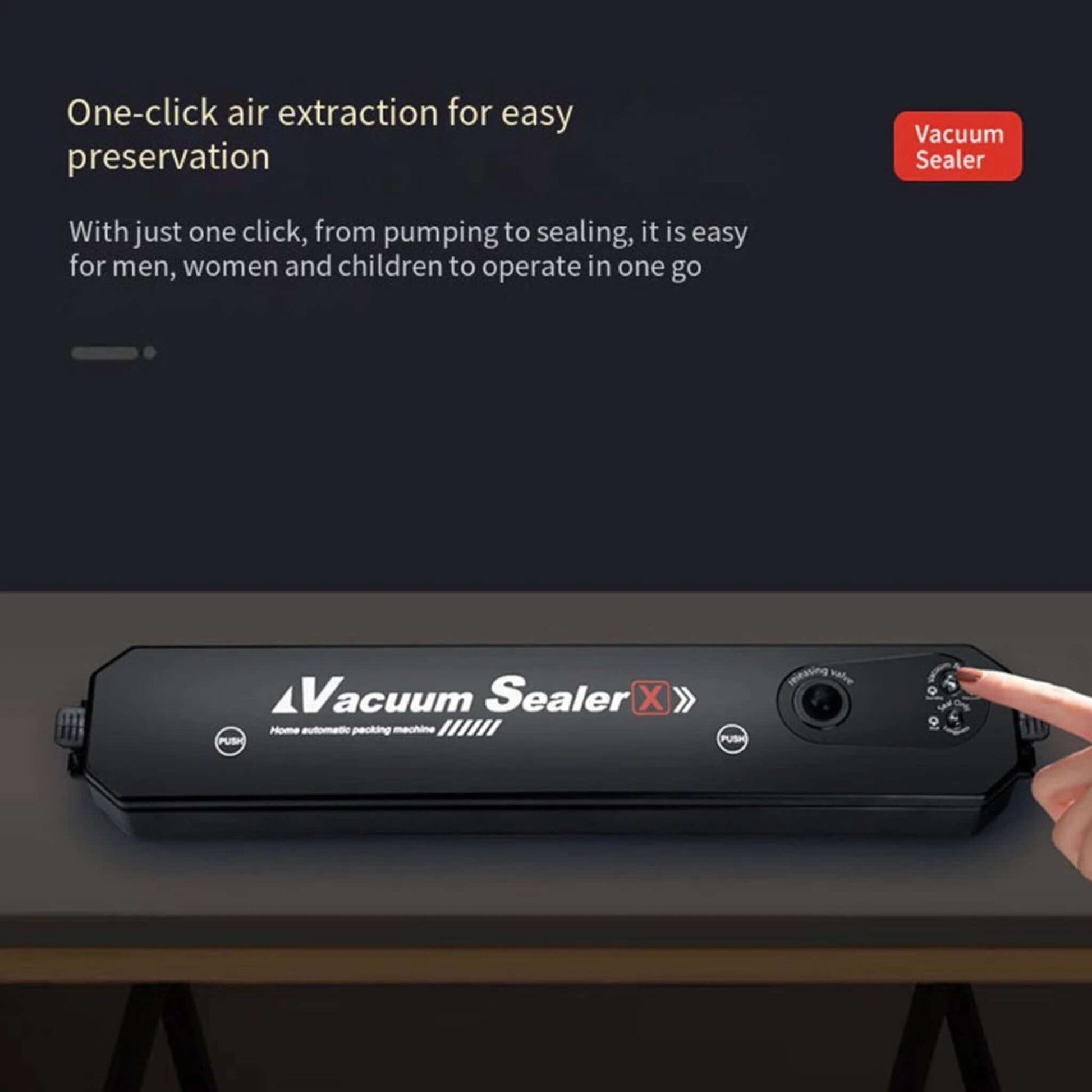 Compact vacuum sealer machine with one-click air extraction for easy food preservation.