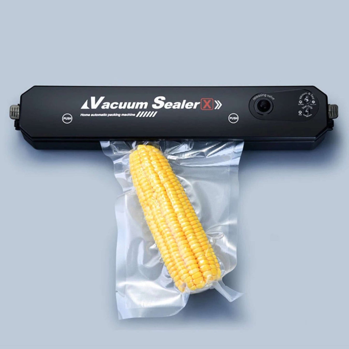 Vacuum sealer machine with corn in vacuum bag, designed to keep food fresh and reduce waste.