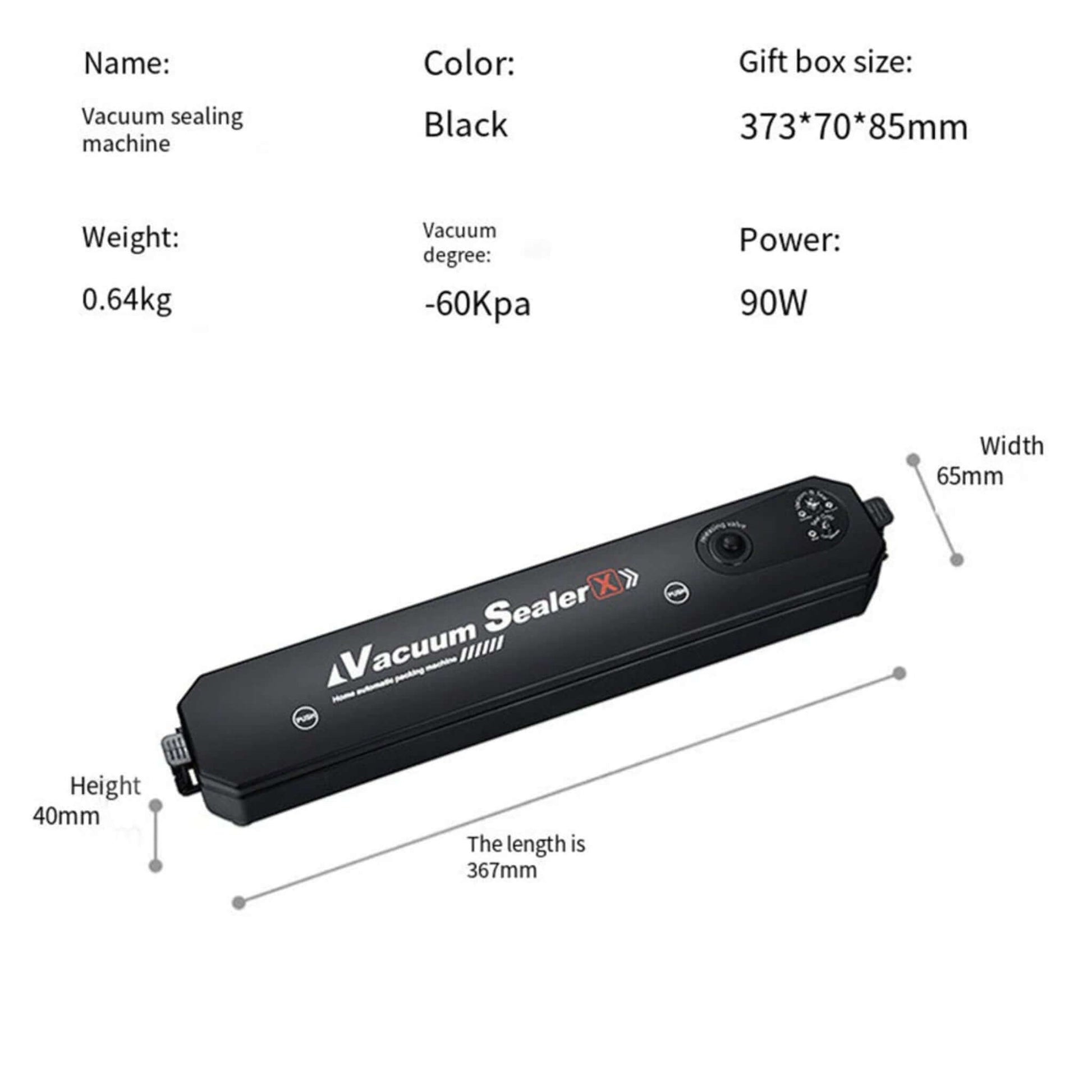 Black vacuum sealer machine with specifications including weight, power, and dimensions for food preservation.