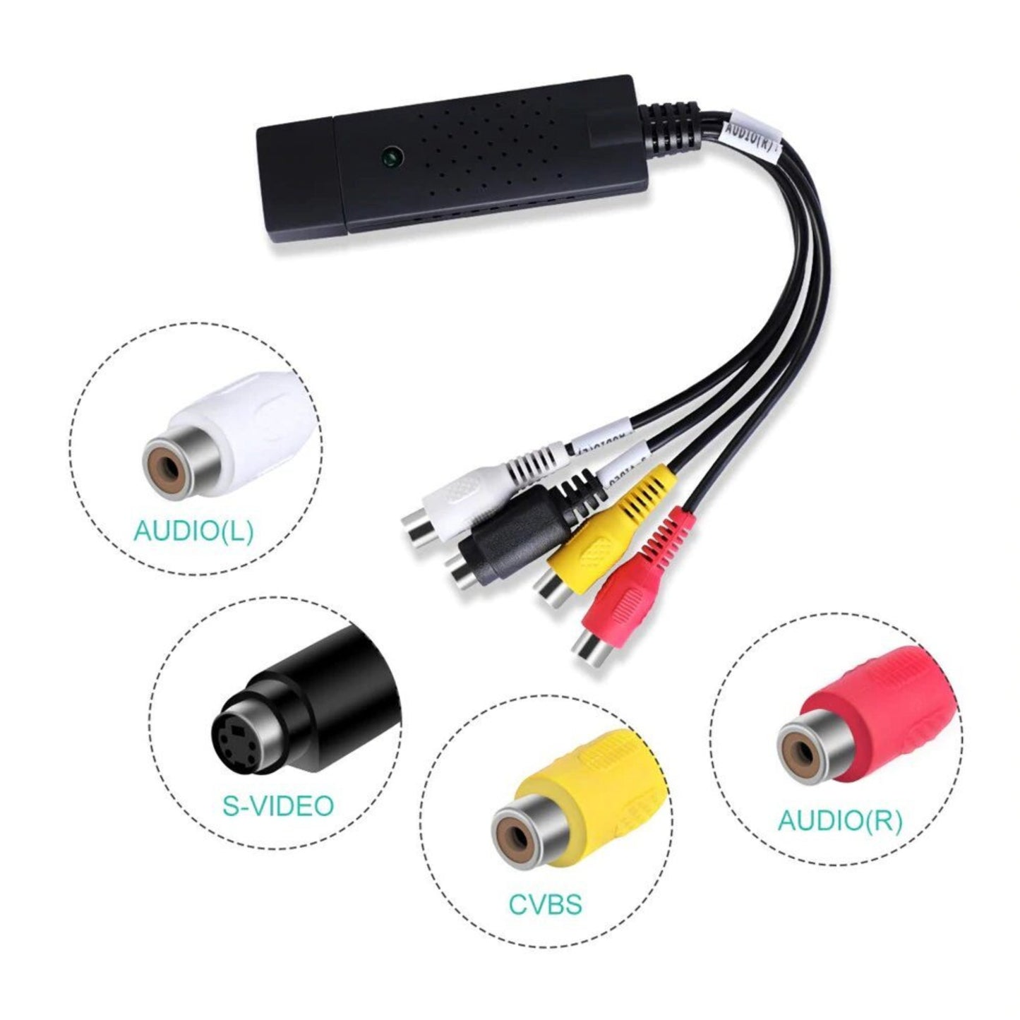 USB 2.0 video capture card with multiple connectors, including S-Video, CVBS, and audio inputs for converting analog video.