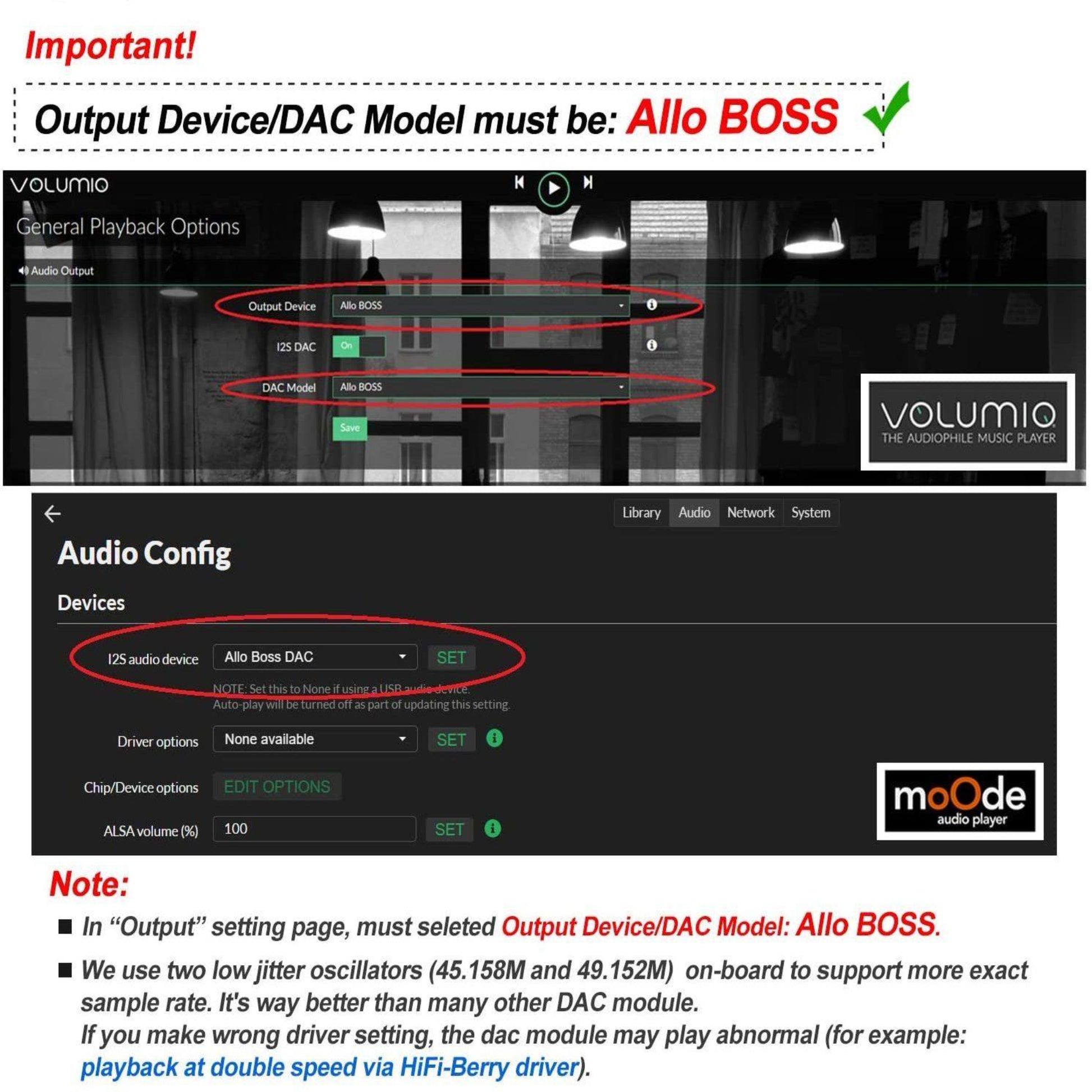 Screenshot of audio configuration settings for Volumio, highlighting the selection of Allo BOSS DAC as the output device.