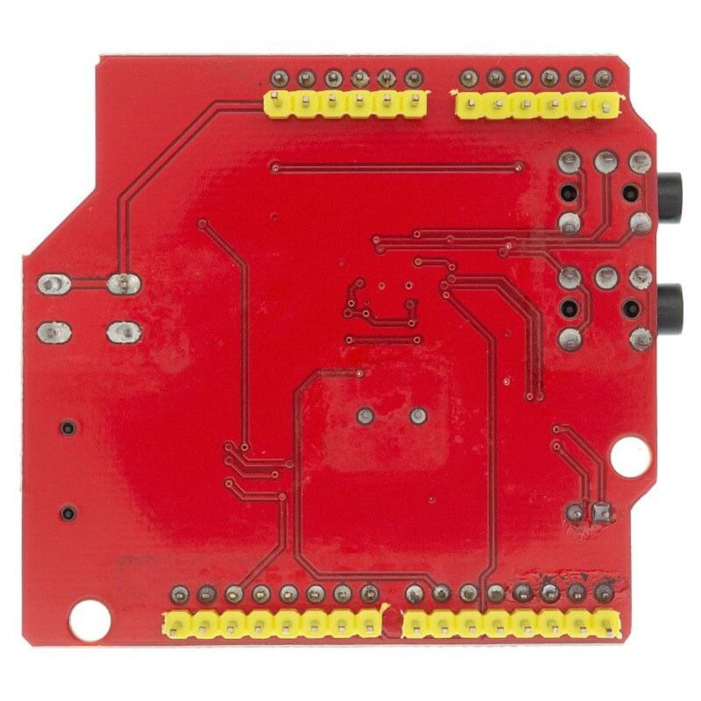 Back view of the red VS1053 MP3 module/development board, showing the headers for connection to an Arduino.