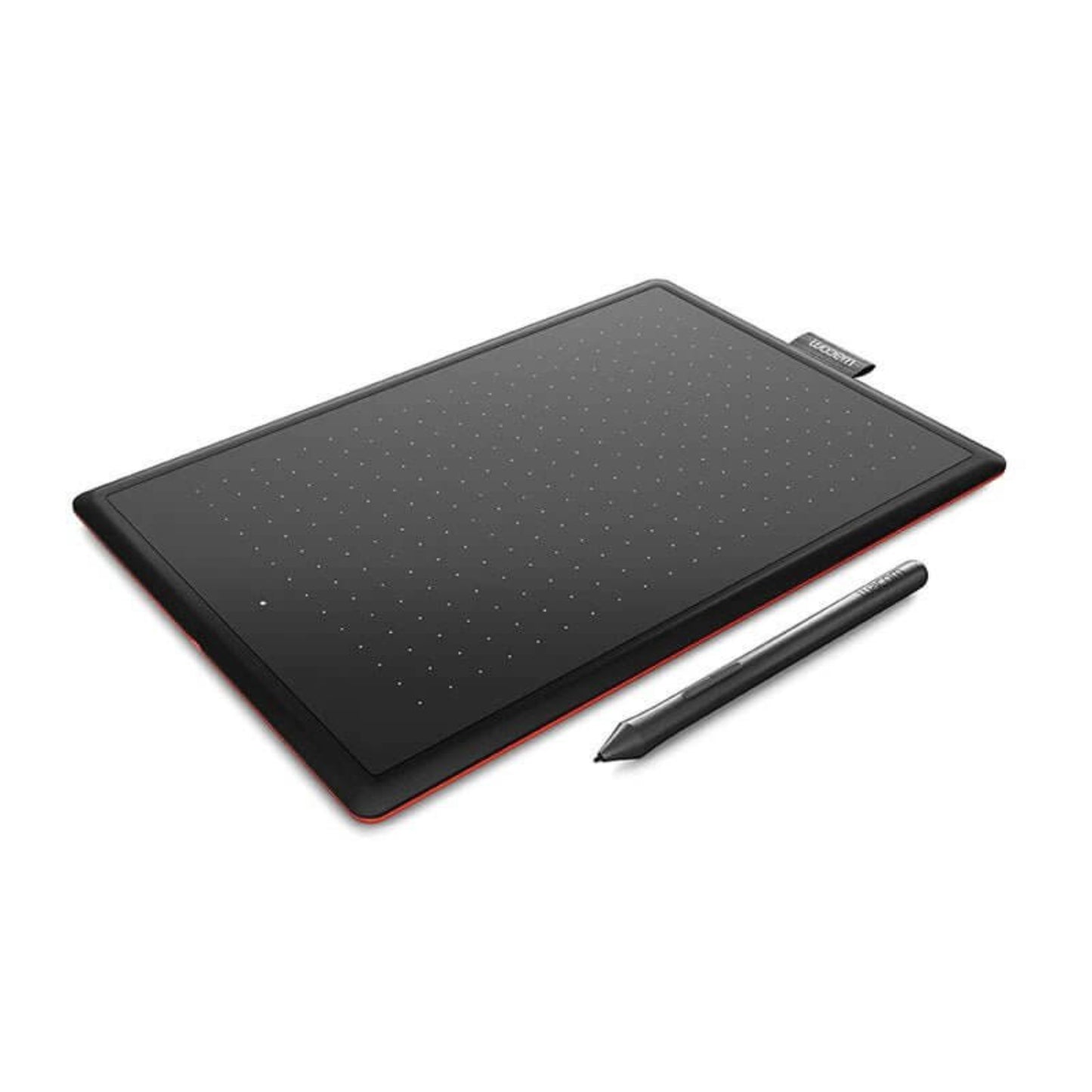 Angled view of a black Wacom CTL-672 graphic tablet with red accents and its battery-free pen.