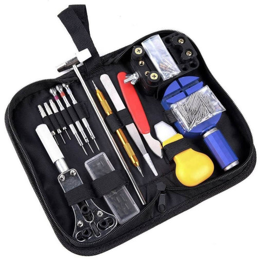 147-piece professional watch repair tool kit featuring various precision tools and accessories for home and travel use.