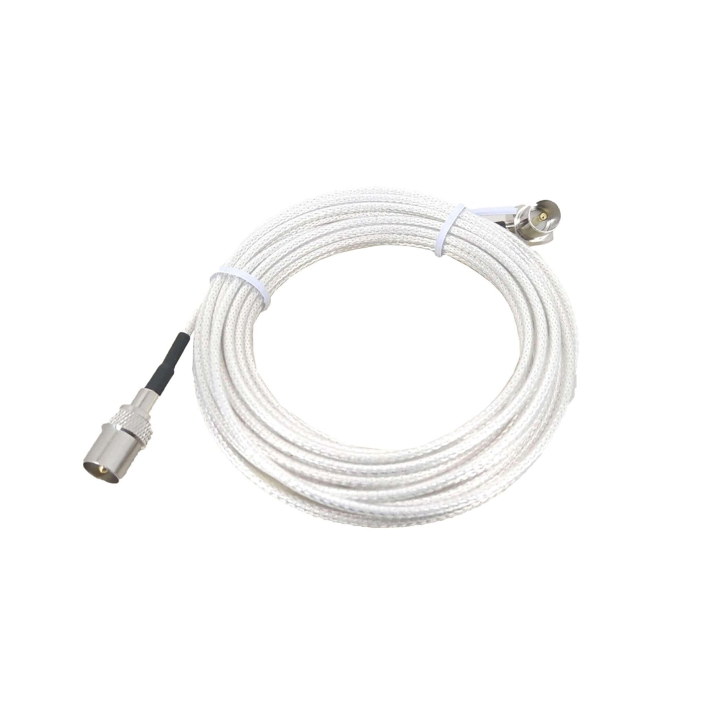 White coaxial antenna cable with both straight and right-angle connectors displayed.