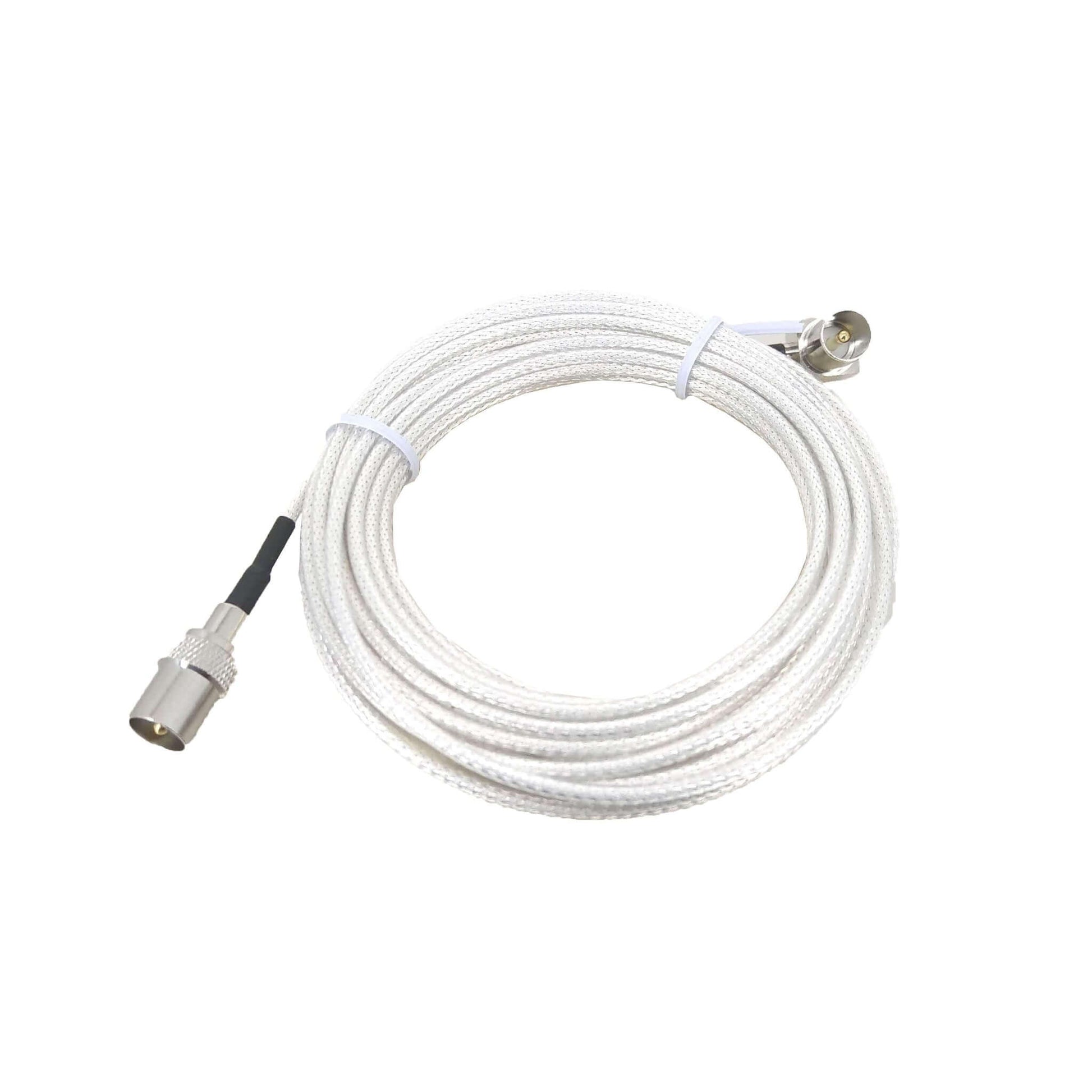 White coaxial antenna cable with both straight and right-angle connectors displayed.