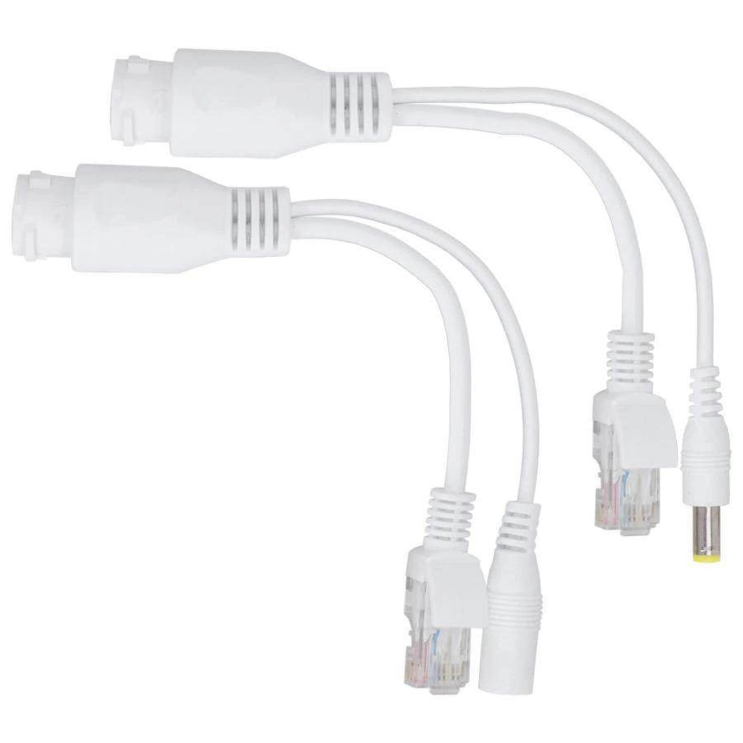 A pair of white waterproof PoE splitter cables for power and data transmission over Ethernet.