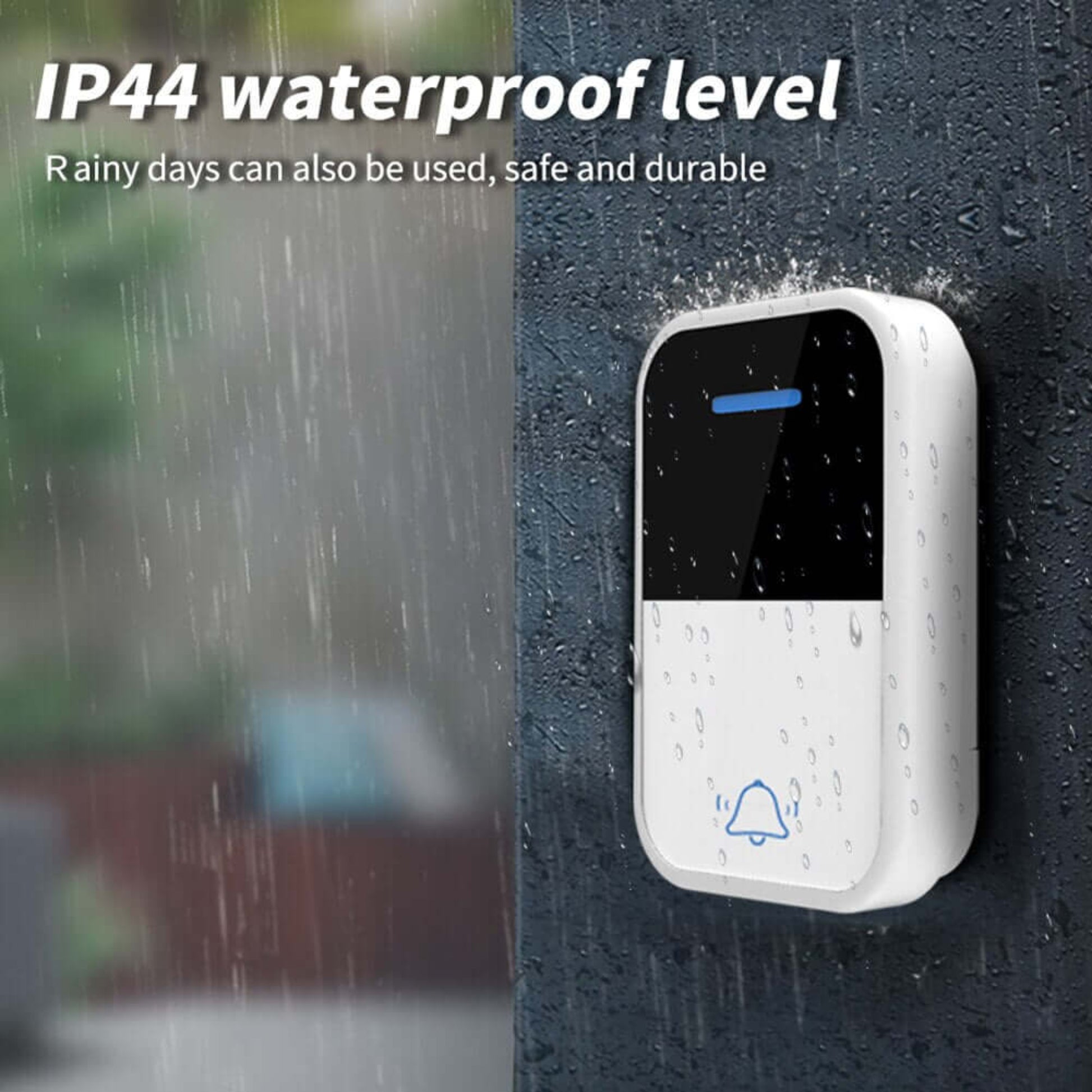 Self-Powered Wireless Doorbell - No Battery, Waterproof, 38 Ringtones on a rainy wall.