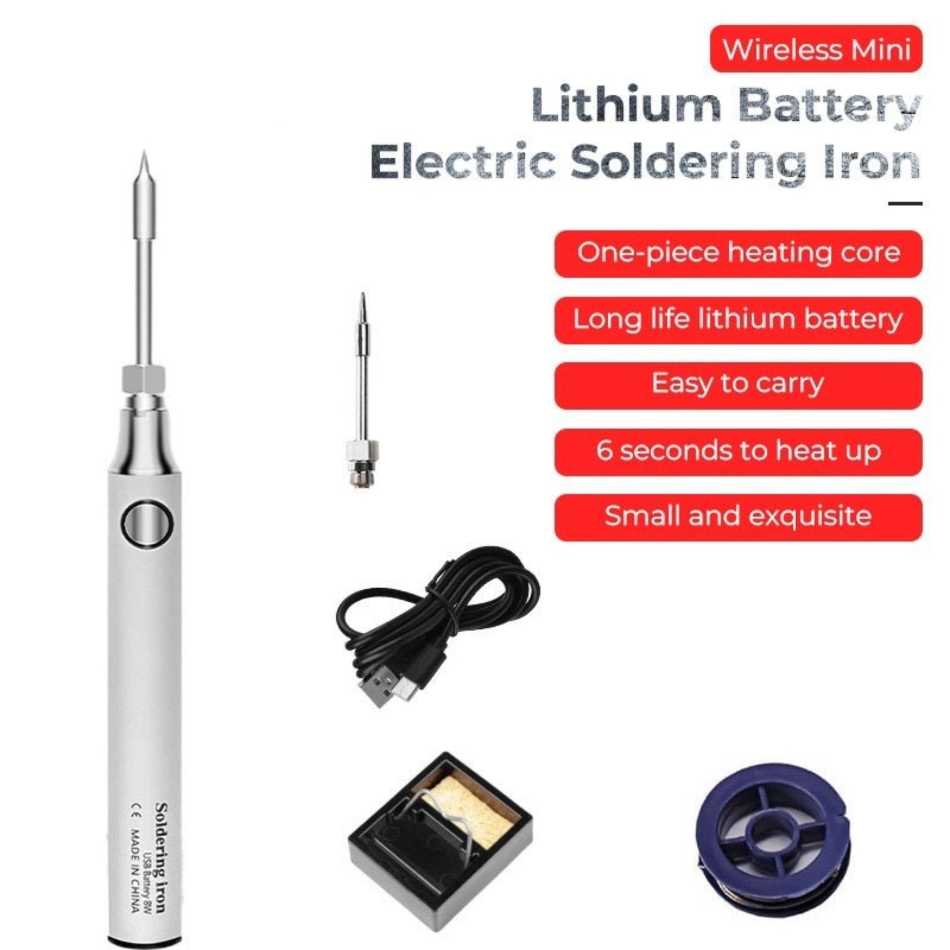 The complete wireless USB soldering iron kit in white, including the iron, stand, solder wire, and charging cable.