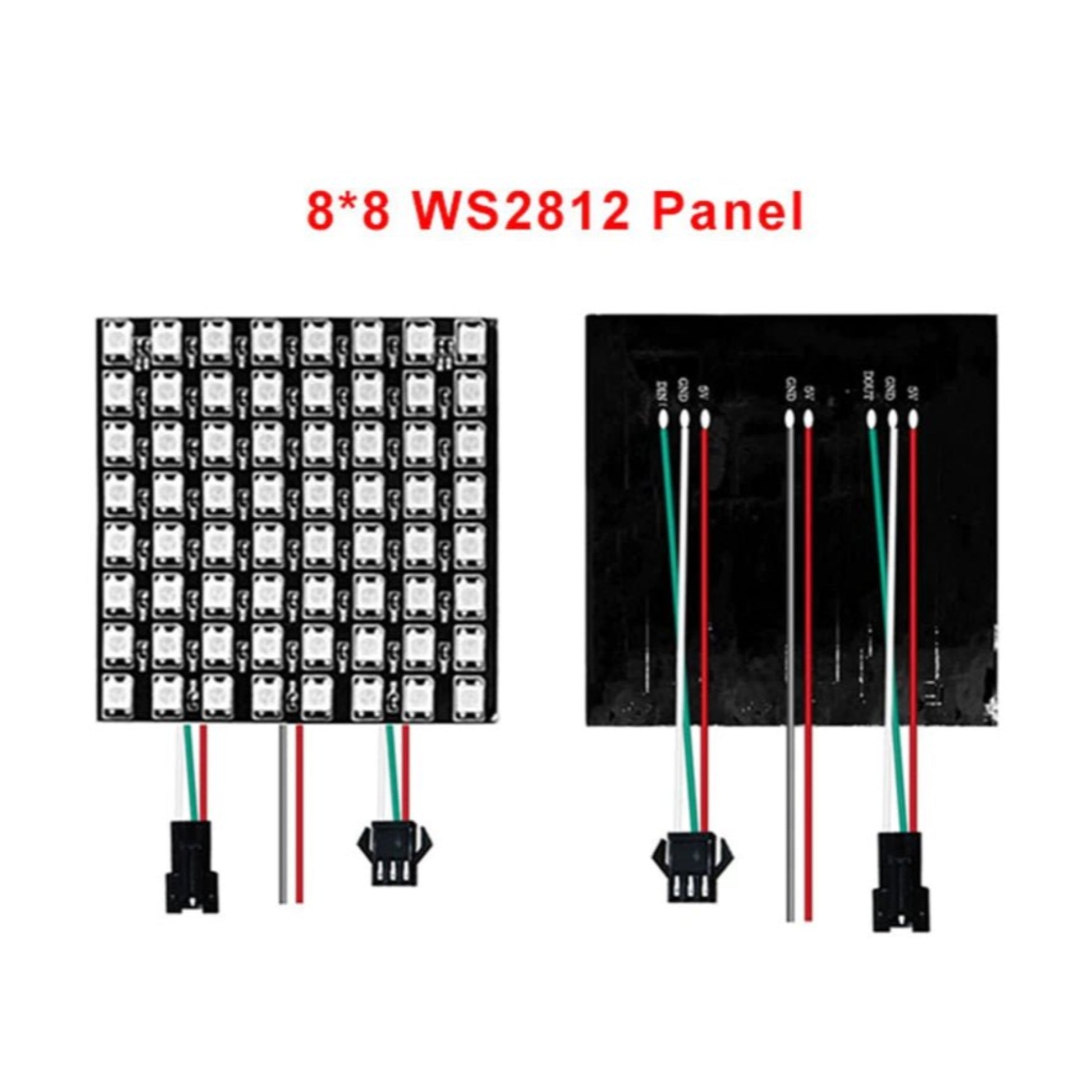 8x8 WS2812B RGB LED matrix panel with 64 addressable LEDs and connector wires for lighting projects.