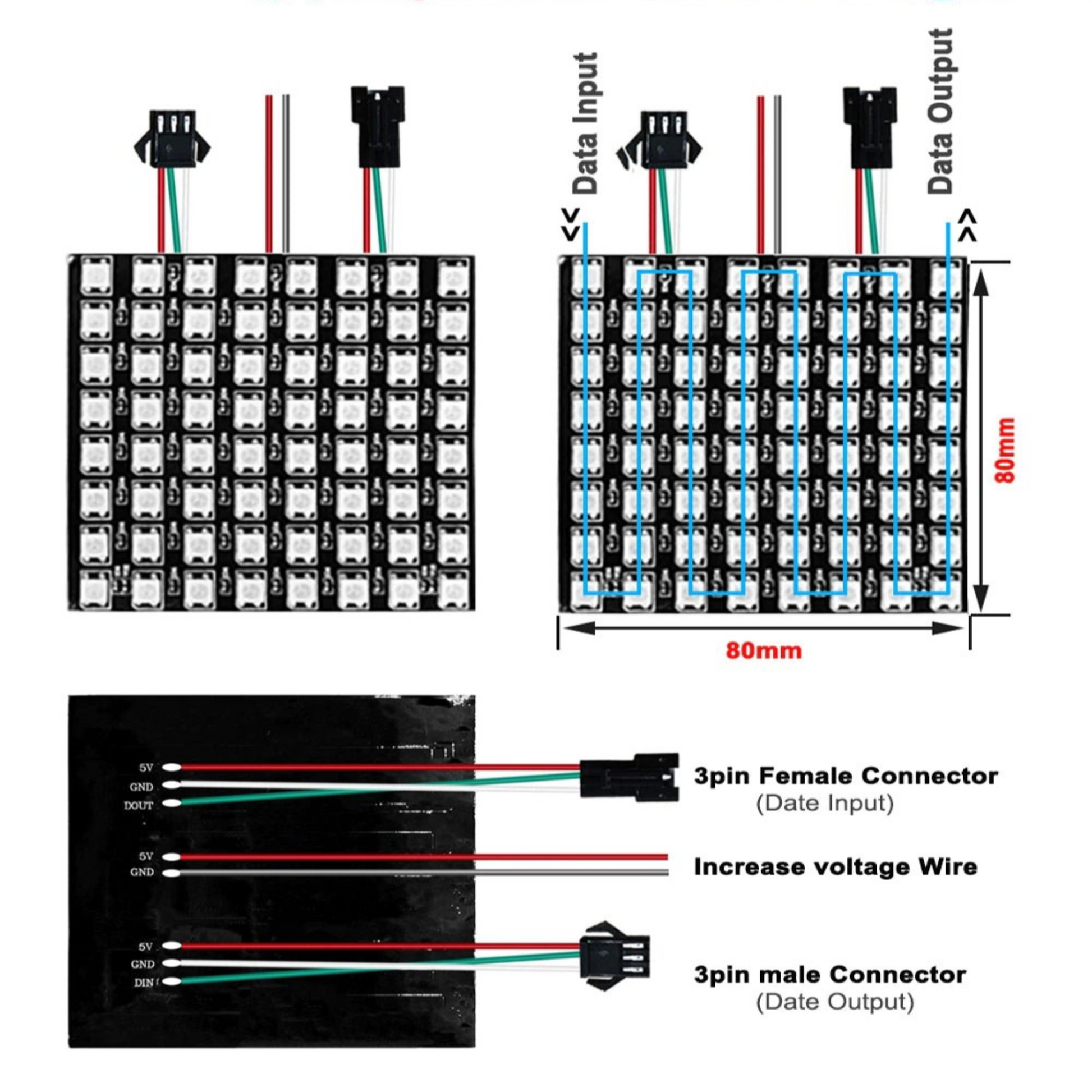 WS2812B 8x8 RGB LED matrix panel with 64 addressable LEDs, showing data input/output connections and colorful light effects.