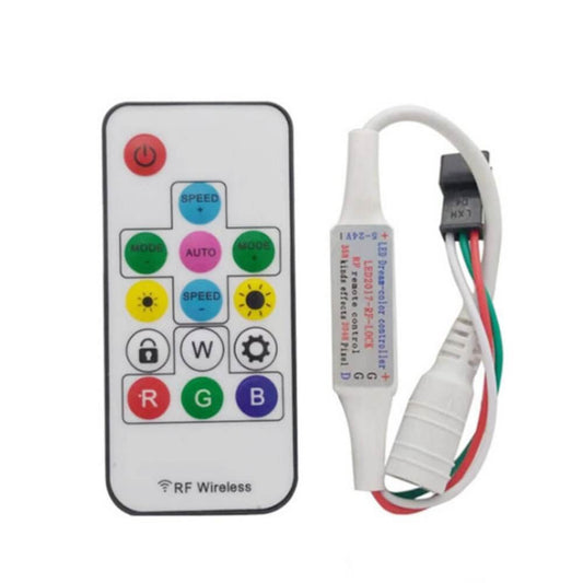 RF wireless remote controller for WS2812B RGB LED strip lights with various function buttons.