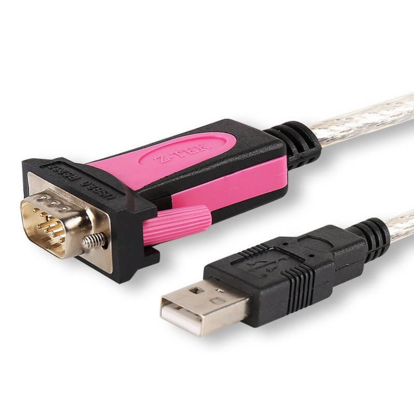 Z-TEK ZE533C USB to RS232 serial converter cable with pink and black connectors on a white background.