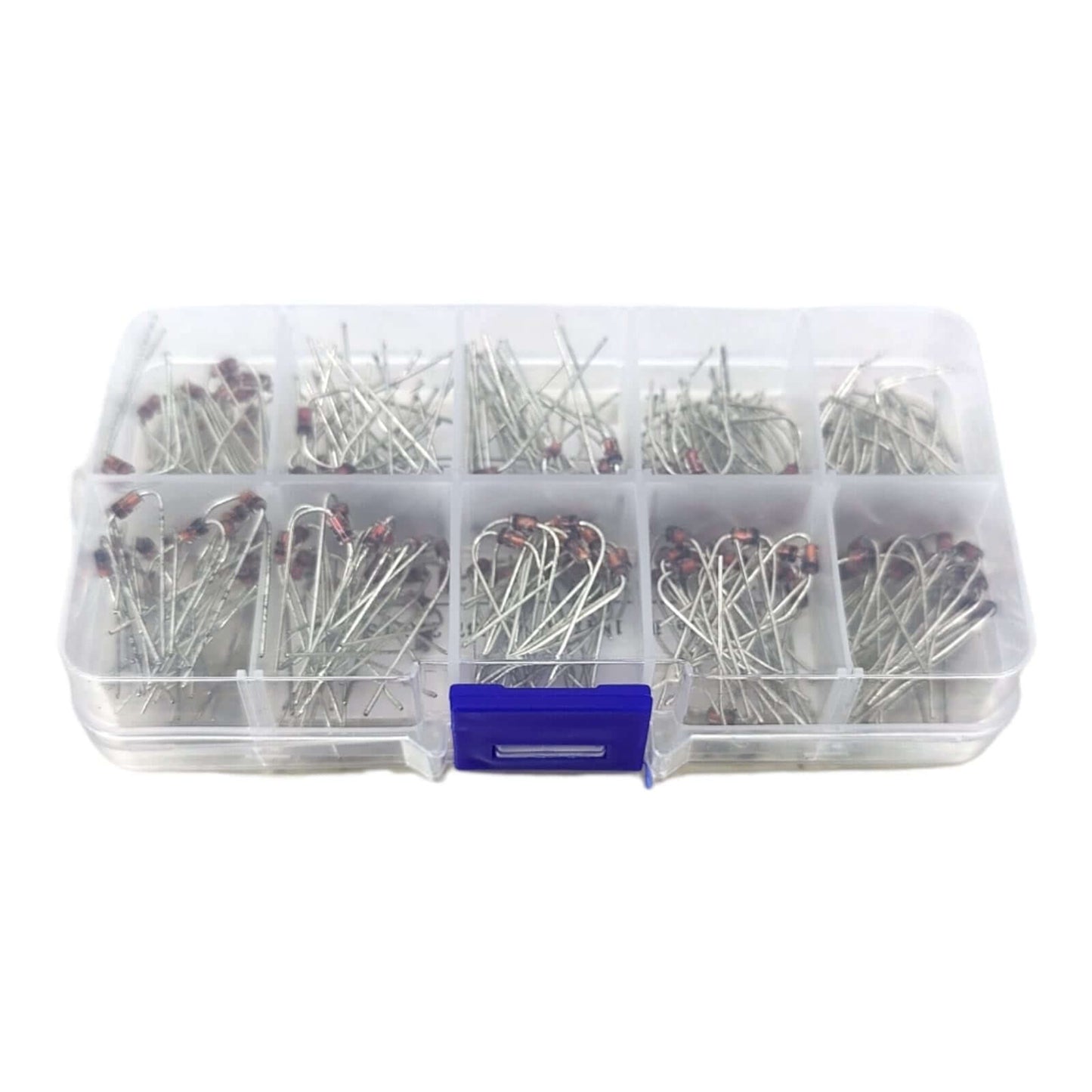 Close-up view of a 200pcs 1W Zener Diode kit showing various voltage diodes in a clear storage box.