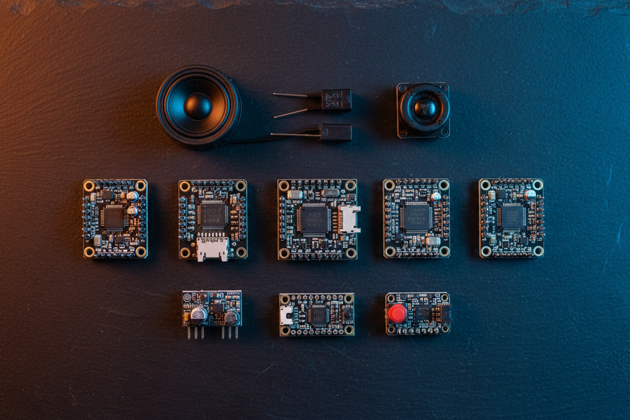 Arduino audio modules collection including PAM8403 amplifier, DFPlayer Mini MP3 player, INMP441 MEMS microphone, ISD1820 voice recorder, buzzer modules, speaker and TEA5767 FM radio module