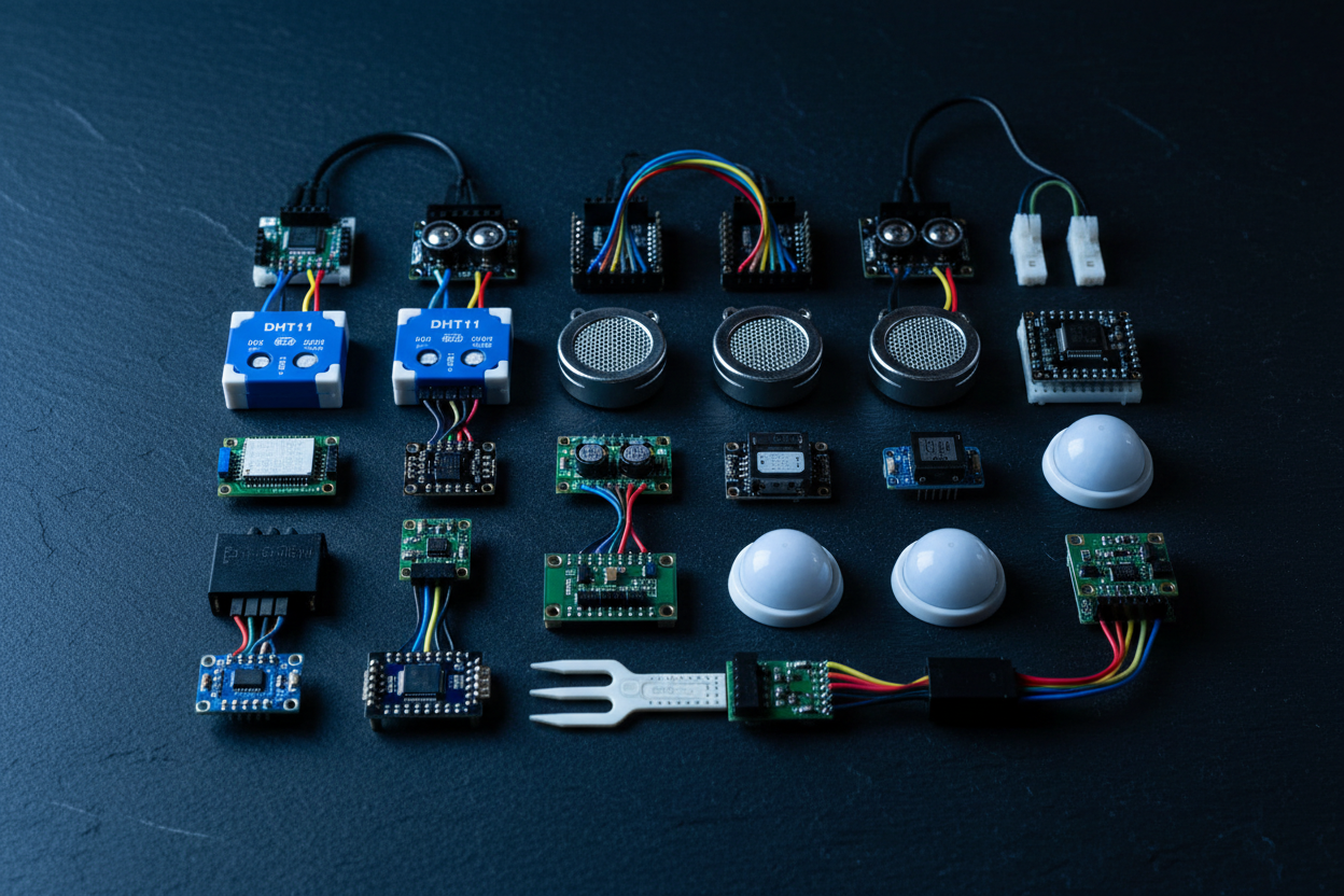 A variety of Arduino sensor modules including temperature, gas, motion, ultrasonic, UV and soil moisture sensors arranged on a dark surface