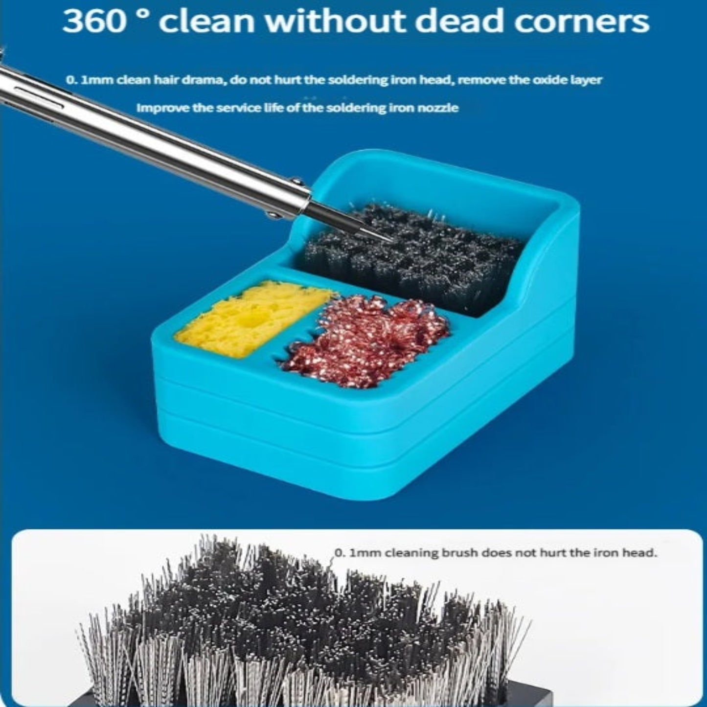 Close-up of 0.1mm steel brush for 360-degree cleaning of soldering iron head without damage.