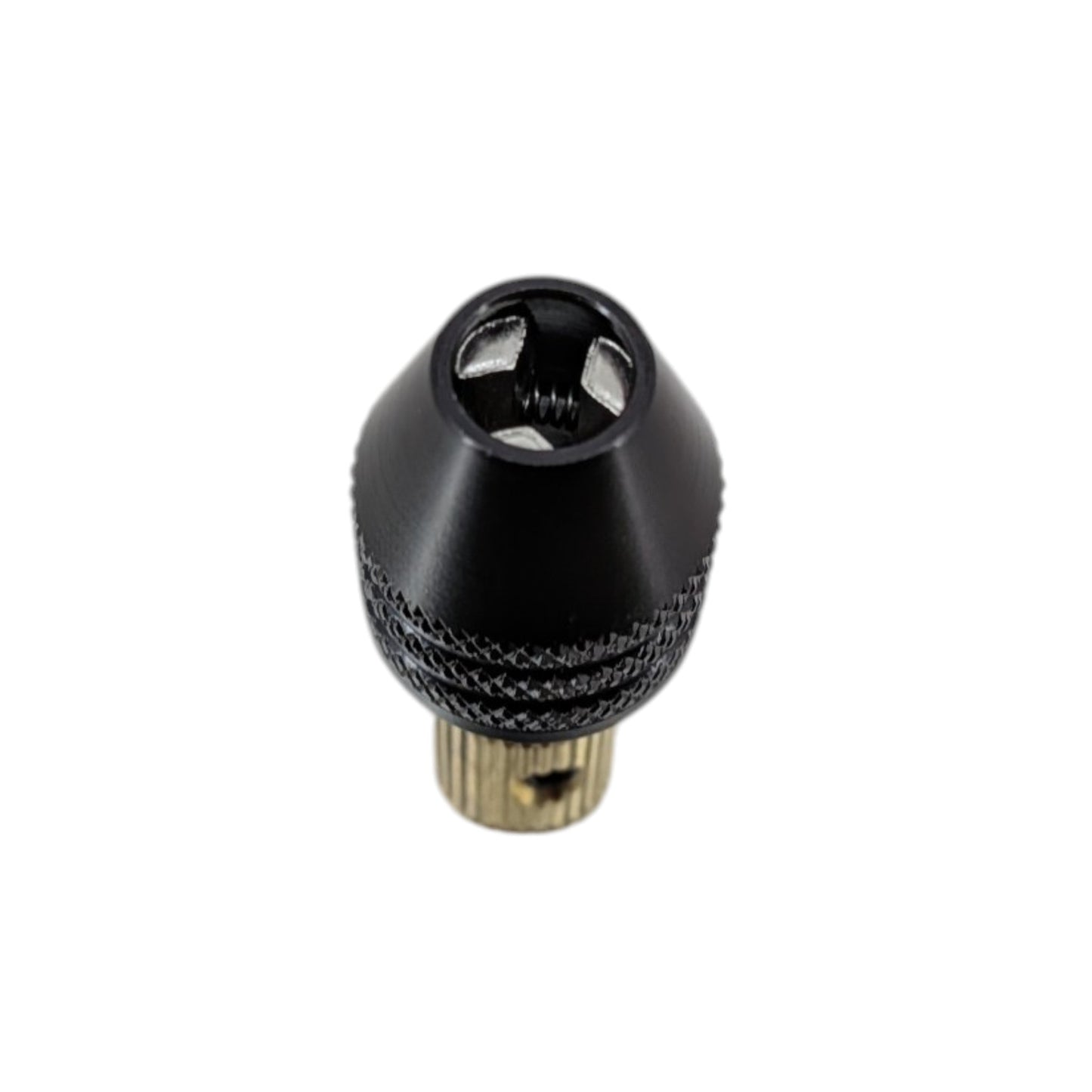 Top-down view of the 3-jaw micro drill chuck, capable of securely holding drill bits from 0.5mm to 3.2mm.