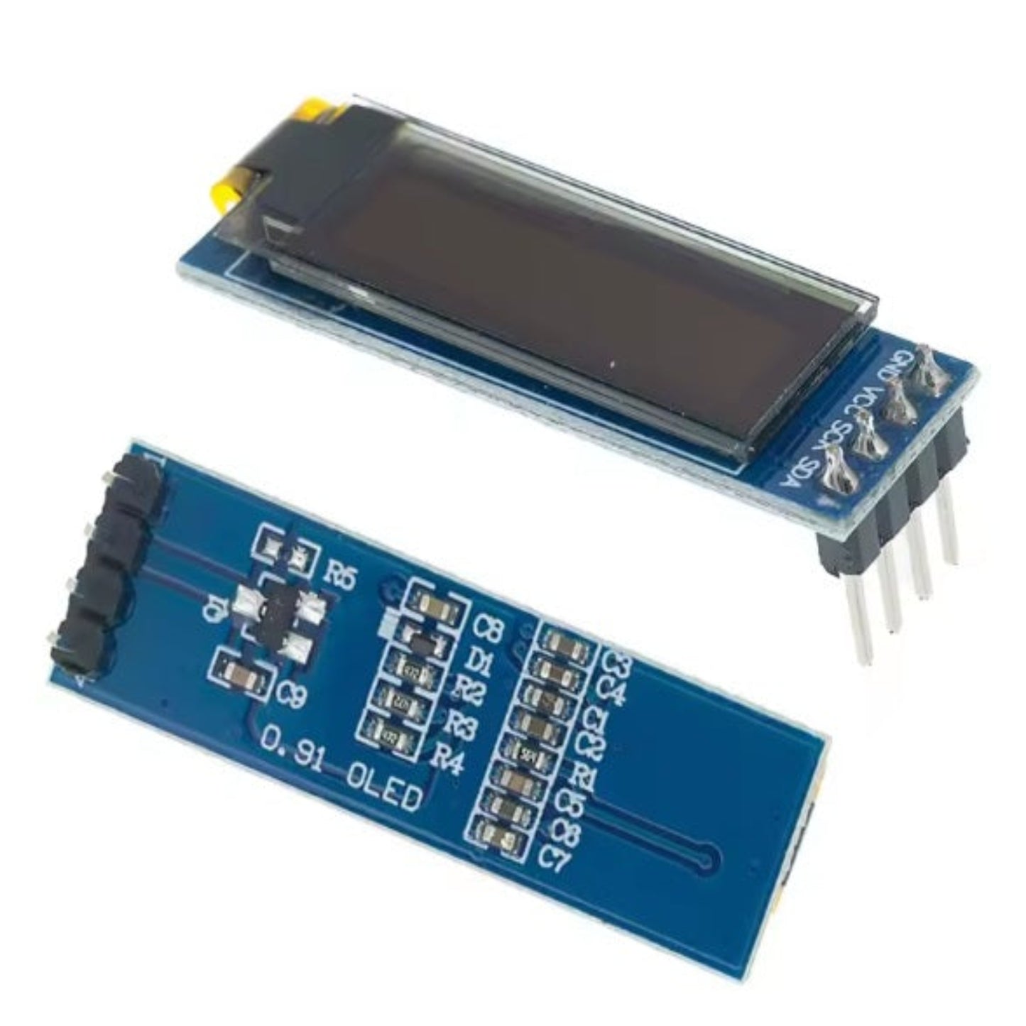 0.91 inch OLED Display Module showing front screen and back PCB components with I2C pins.